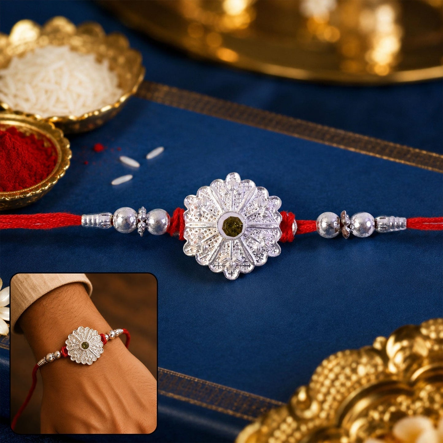 Close-up of oxidised silver mandala rakhi with green stones for brothers