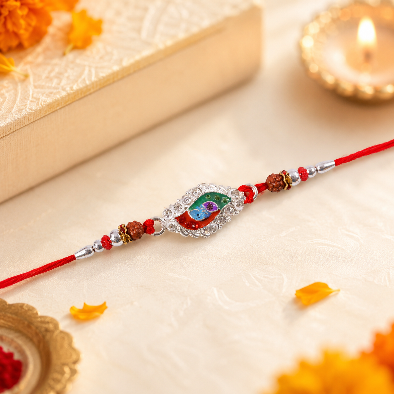 Beautiful silver meenakari rakhi with a modern design