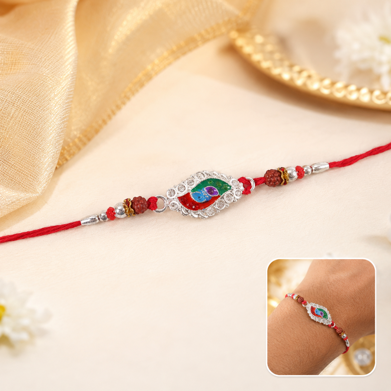 Close-up of silver meenakari marquise beads rakhi with intricate design