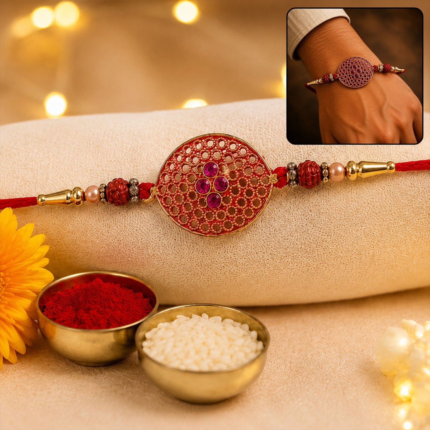 Close-up of the red and gold Meenakari Rakhi for brother, showcasing Kundan work.