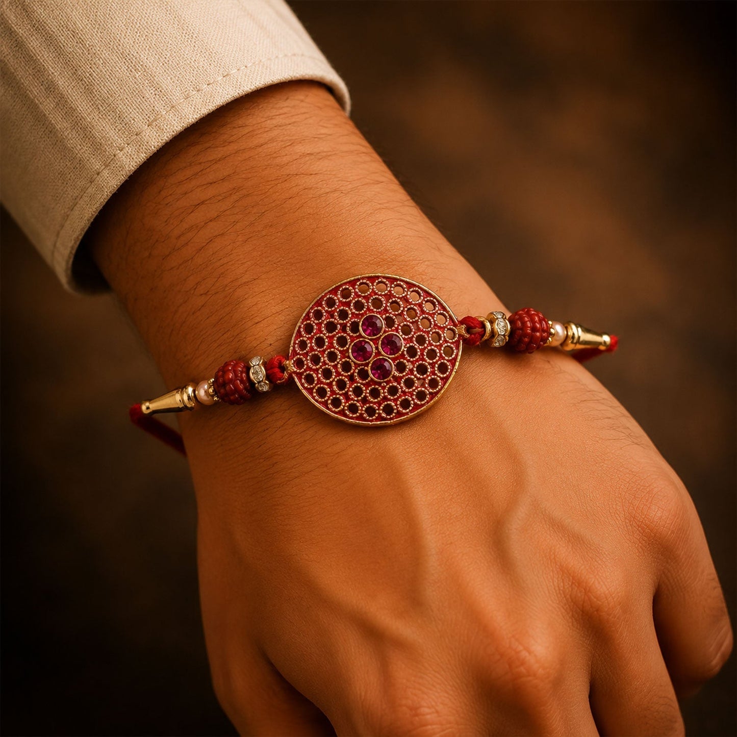 Side view of the elegant Meenakari Rakhi, highlighting its intricate beadwork.