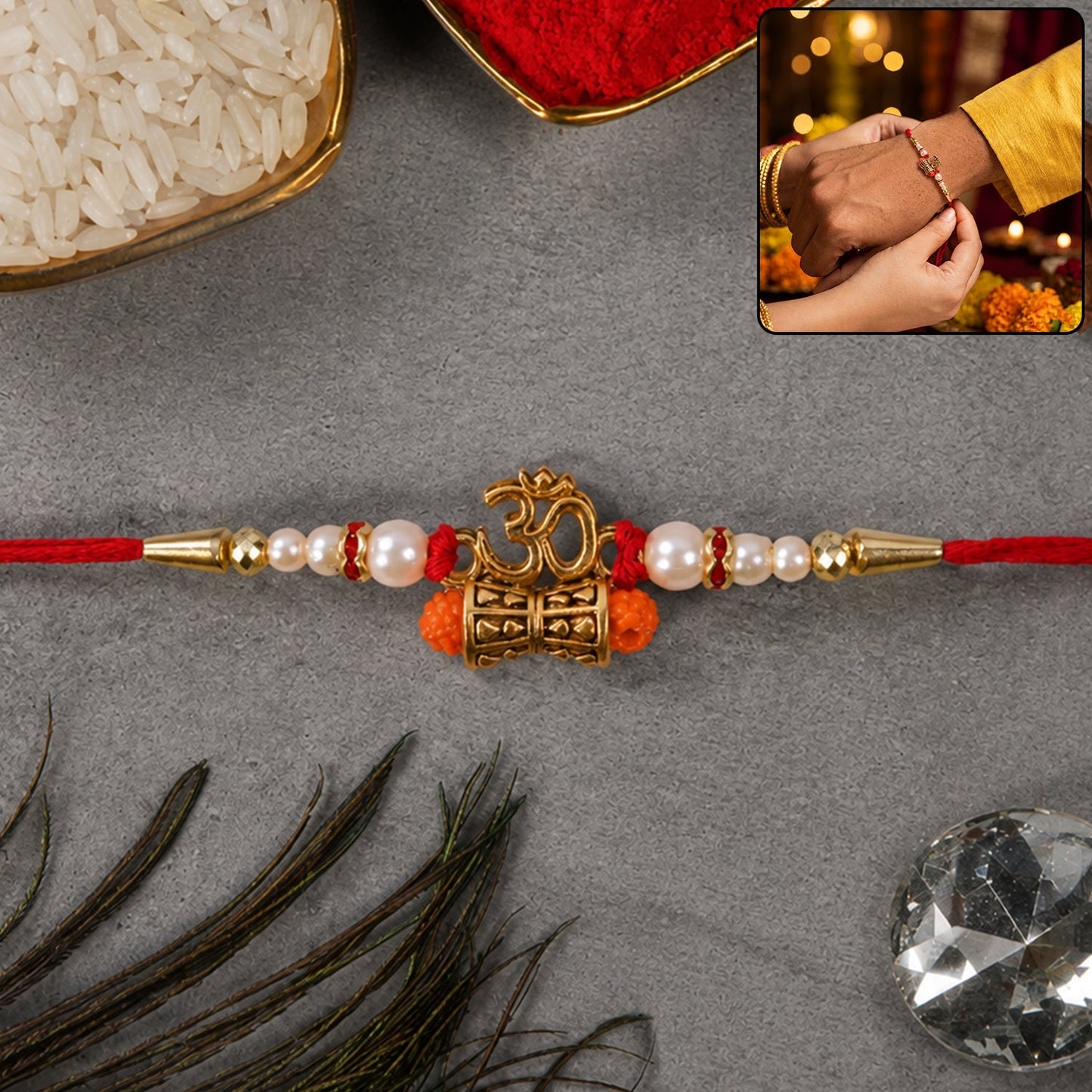 Close-up of a traditional Rakhi with Om symbol, Rudraksha beads, and pearls.