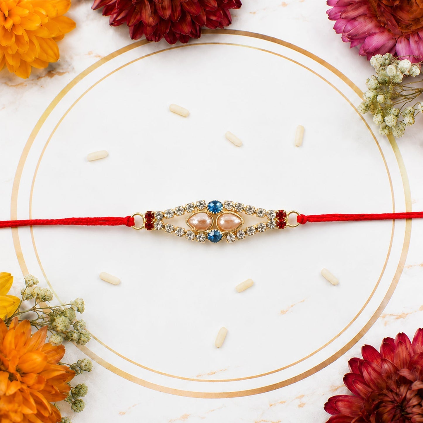 Side view of the stylish Royal Pearl AD Stone Rakhi showing craftsmanship.