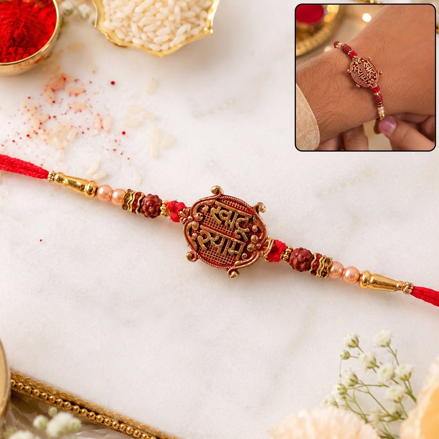 Top-down view of traditional Meenakari Rakhi with Khatu Shyam pendant.