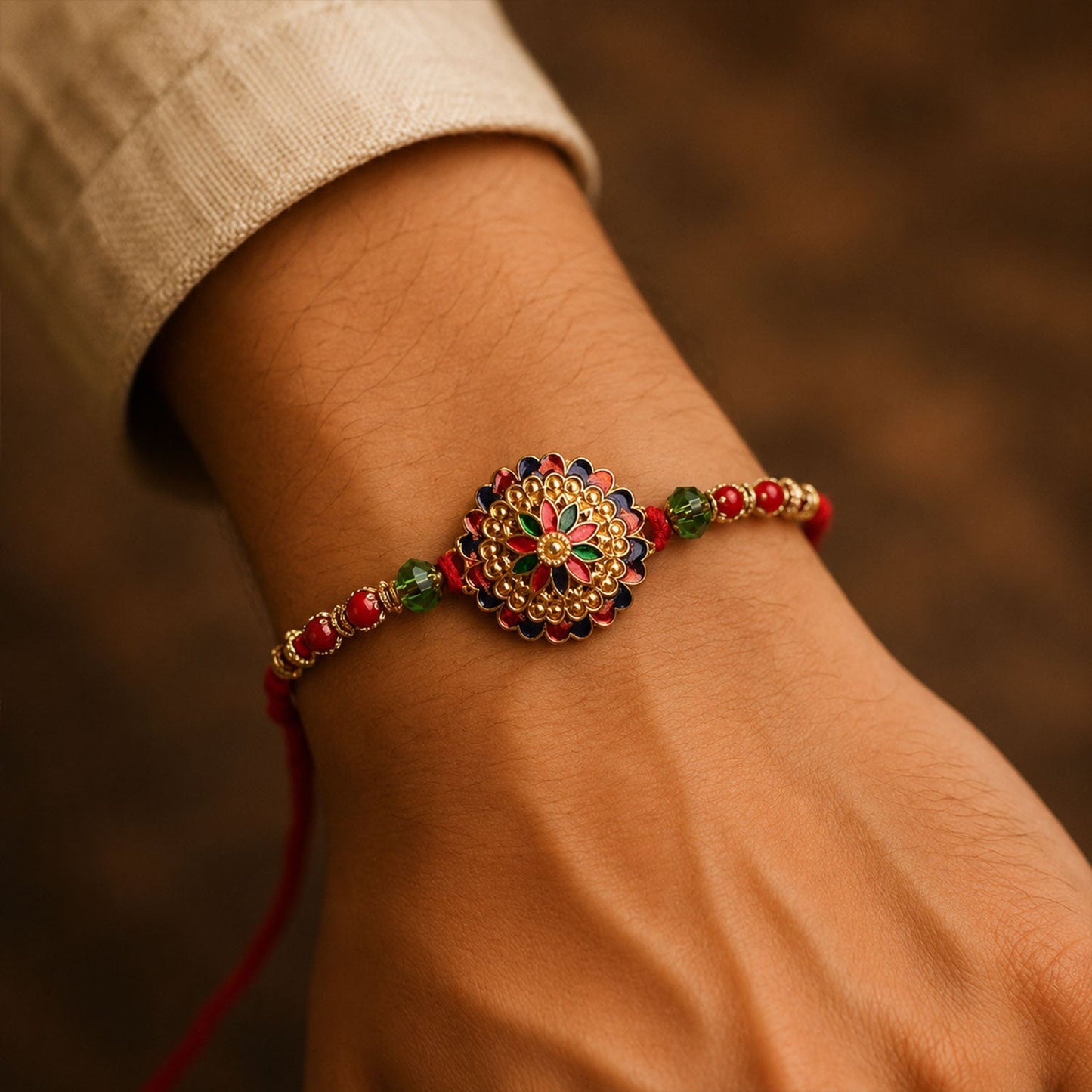 Detailed view of the traditional Meenakari Rakhi, highlighting its intricate floral patterns.