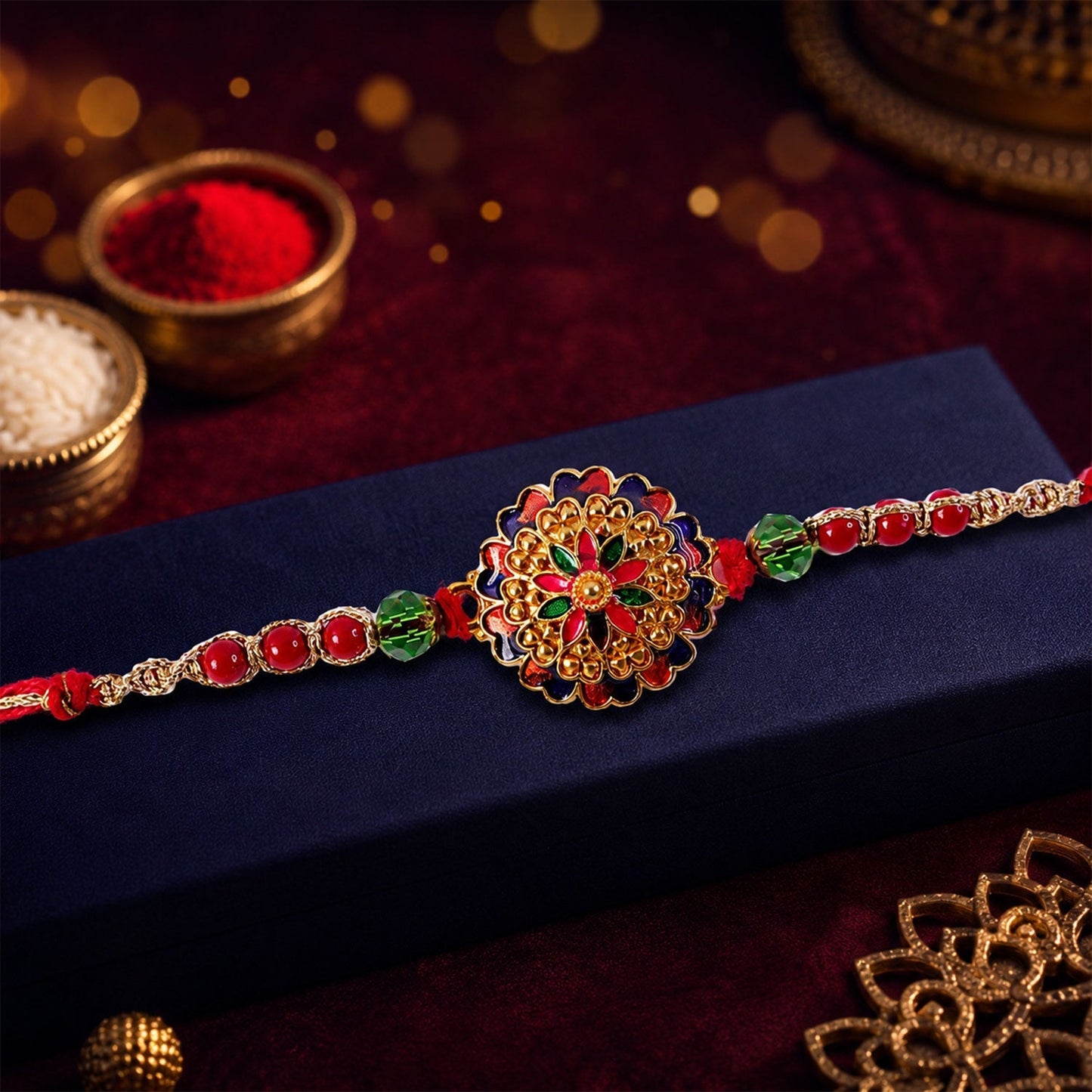 Beautiful Meenakari Rakhi displayed on a festive background, ready for Raksha Bandhan celebrations.