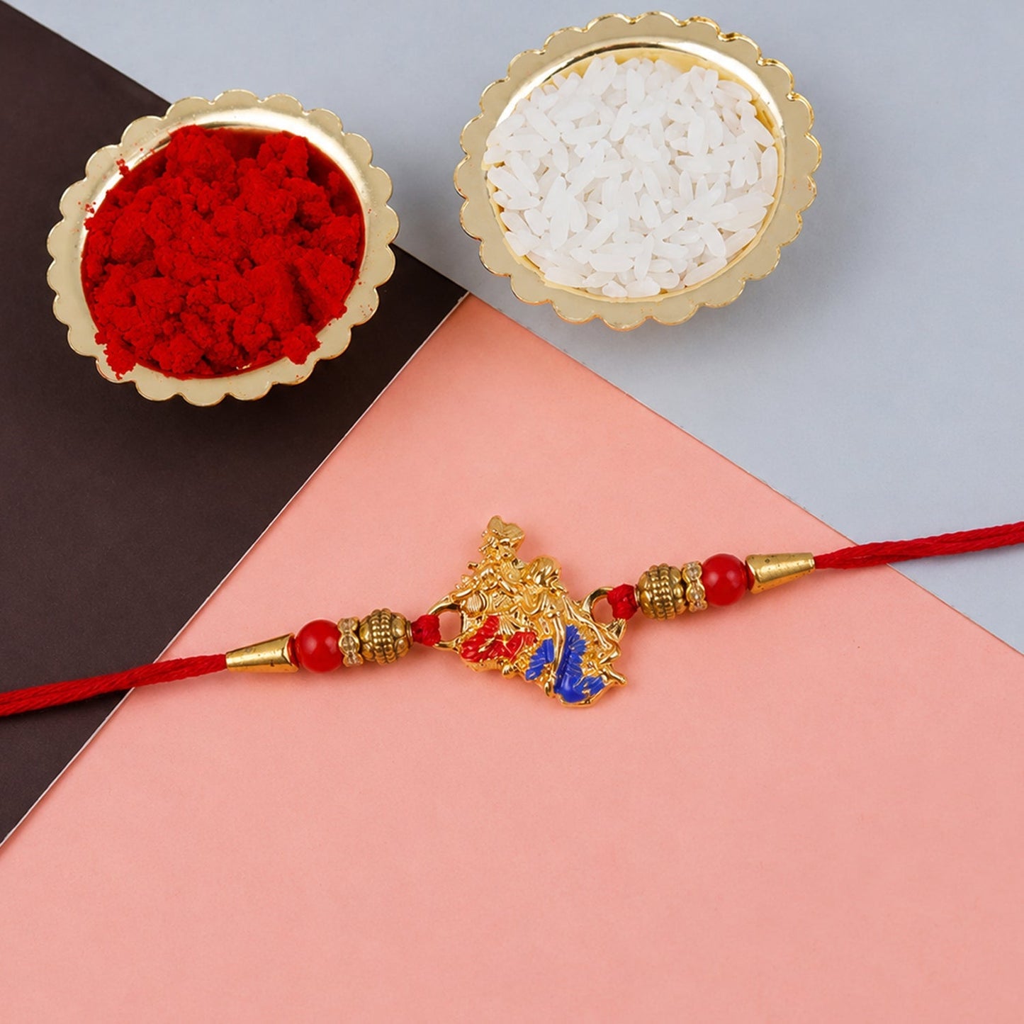 Side view of Golden Peacock Rakhi highlighting craftsmanship and comfortable thread