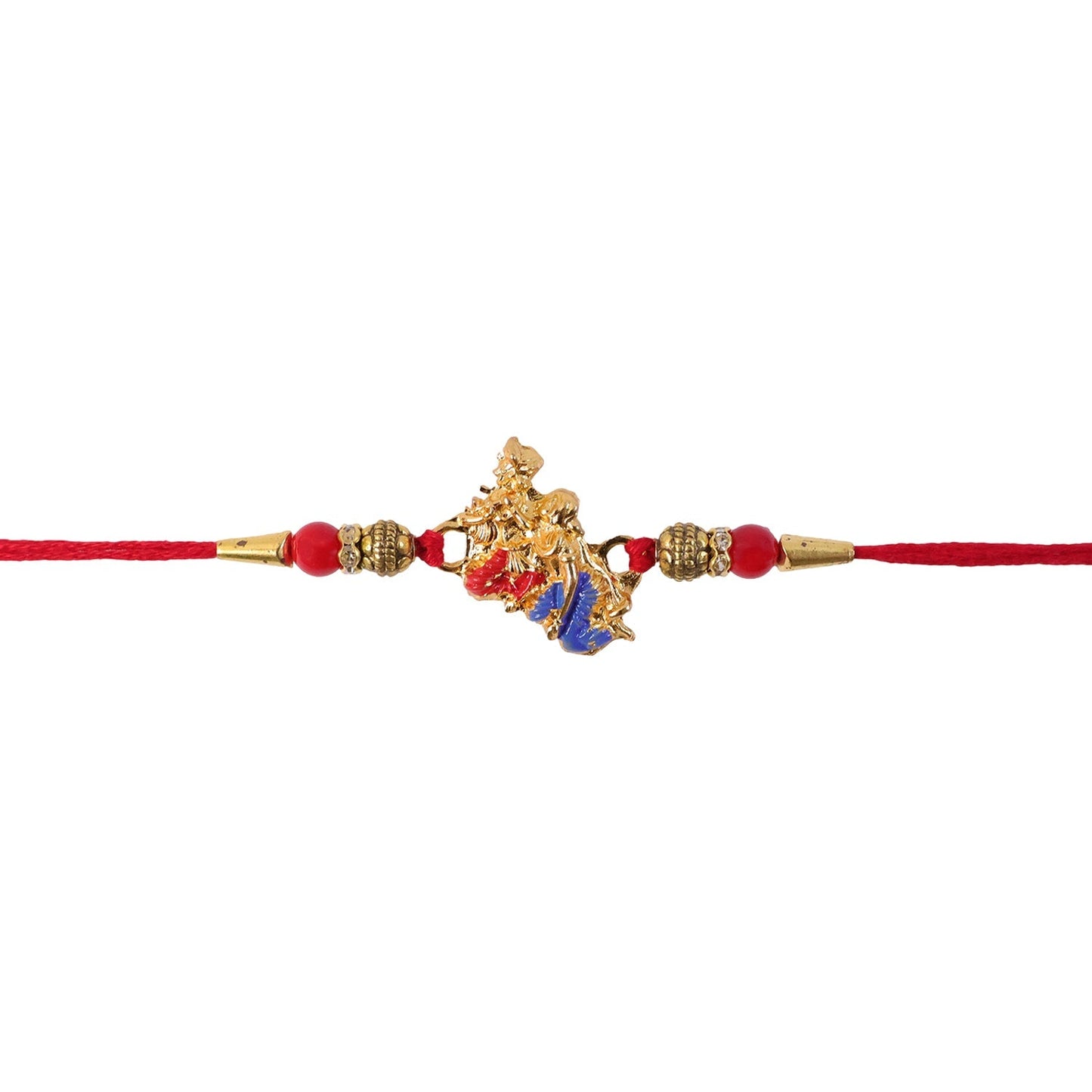 Intricate Golden Peacock Rakhi with central blue enamel and red bead accents