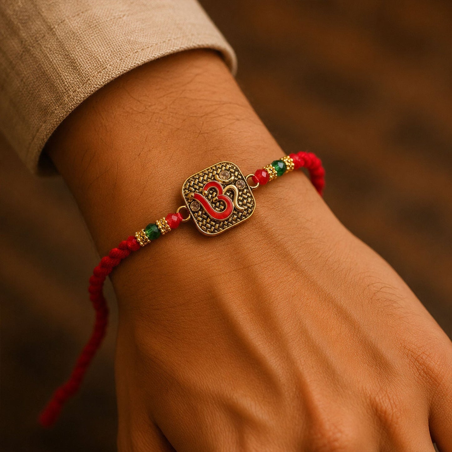 Close-up of the decorative beads and detailed finish of the traditional Rakhi