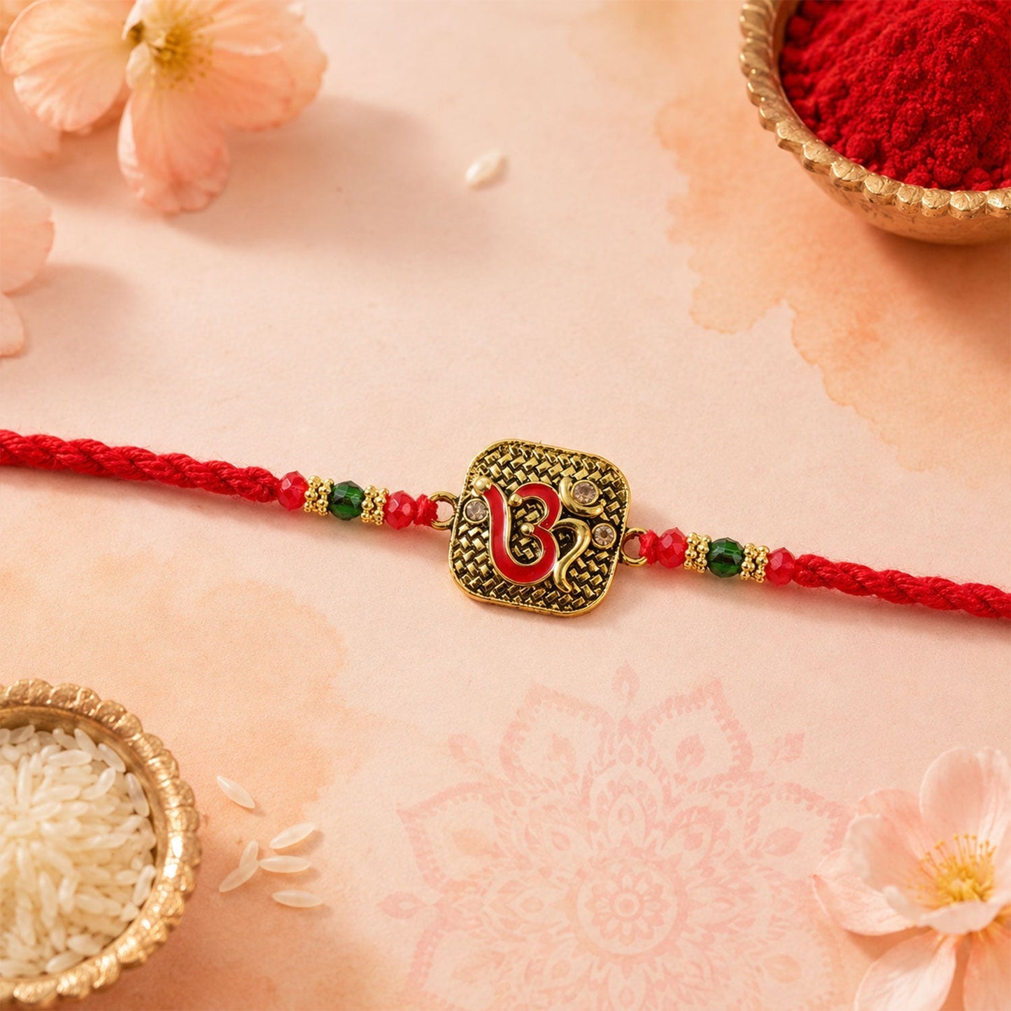 Stylish lightweight braided thread rakhi with antique red Om pendant