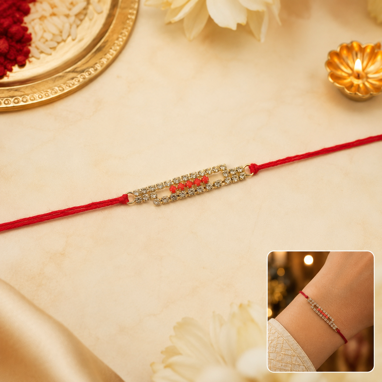 Elegant American Diamond Rakhi with slim studded bar on a red thread.