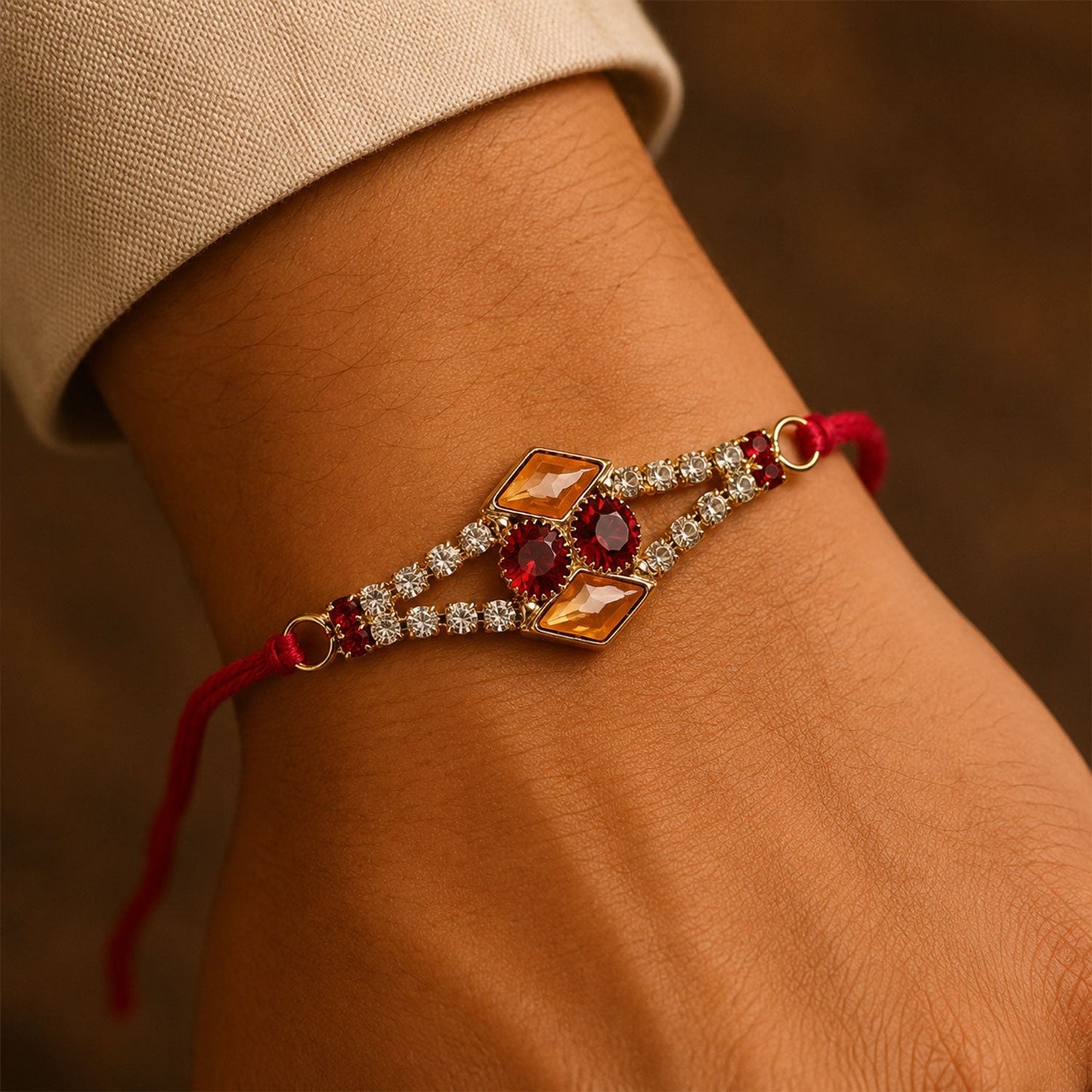 Side view of intricate Kundan Rakhi showcasing sparkling stones.