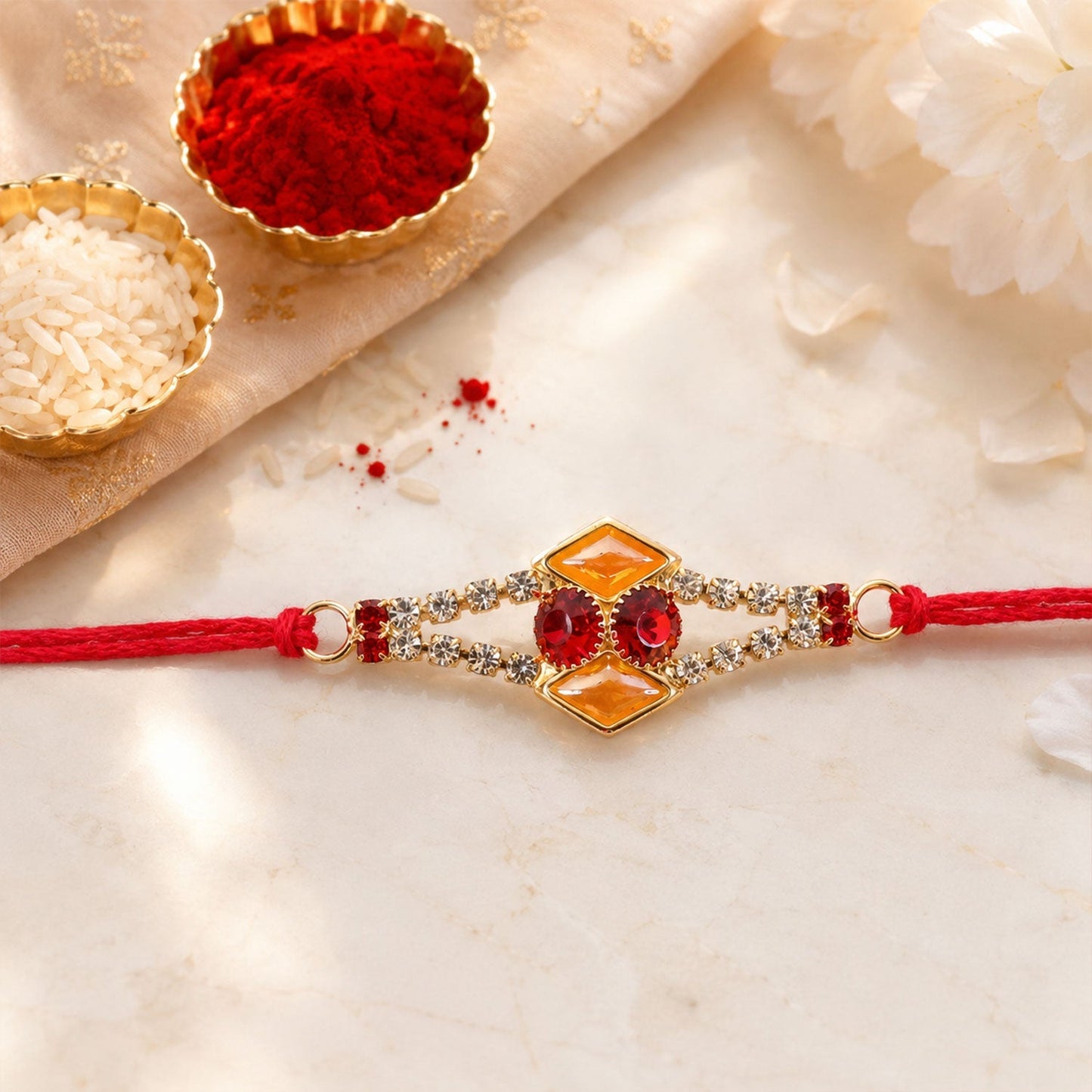 Scale view of Kundan Rakhi highlighting its design and comfortable thread.