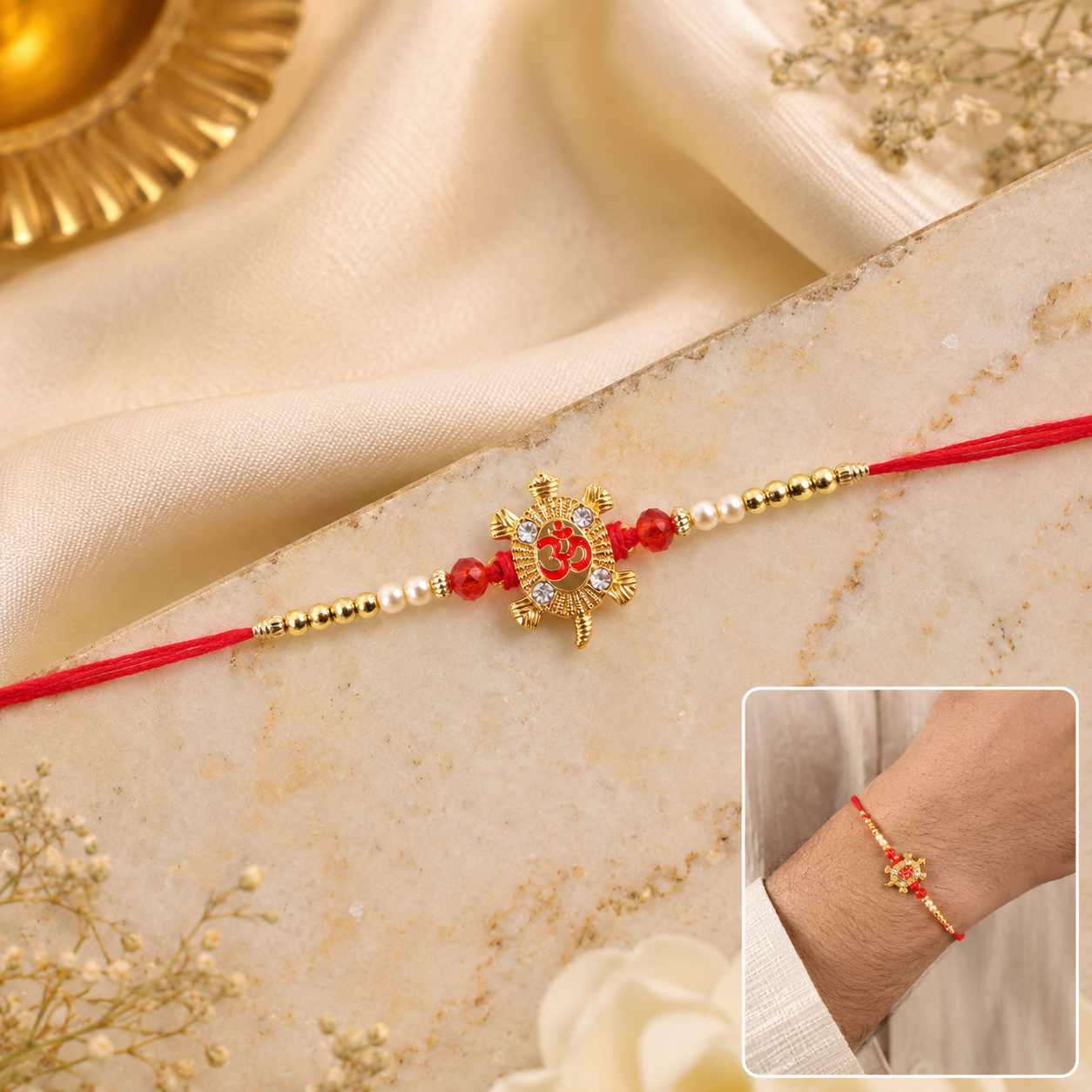 Front view of the Petite Red Meenakari Rakhi with AD chain.