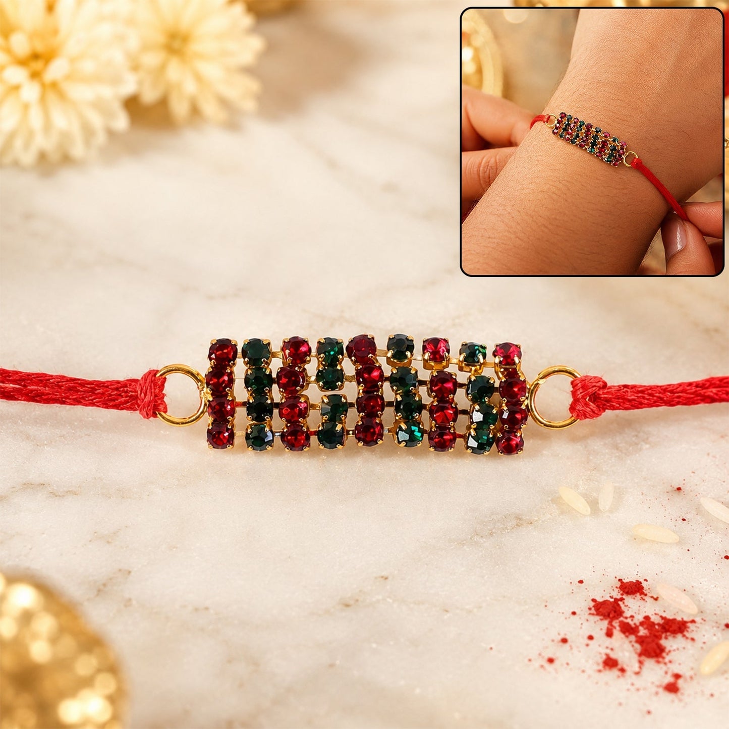 Close-up of multicolour crystal beads and festive design on rakhi