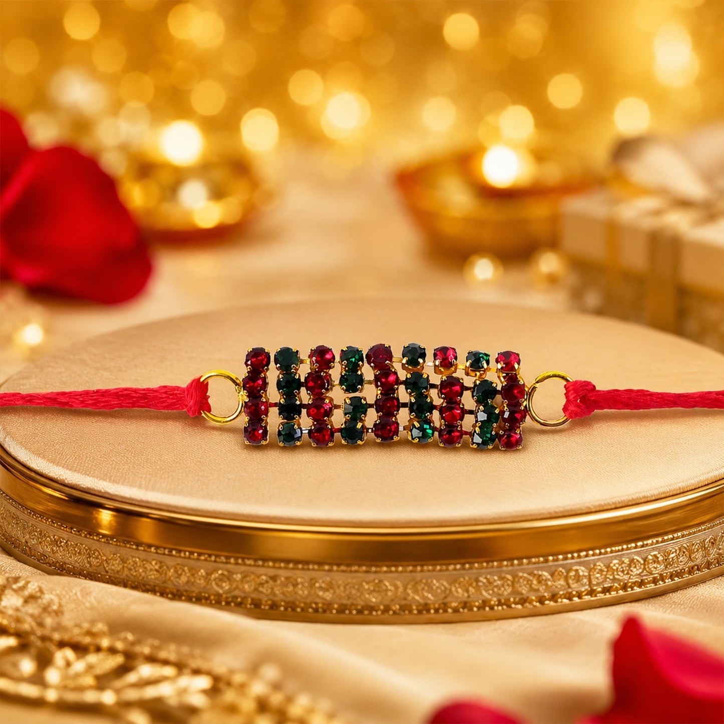 Beautifully designed sparkling multicolour crystal rakhi for brothers
