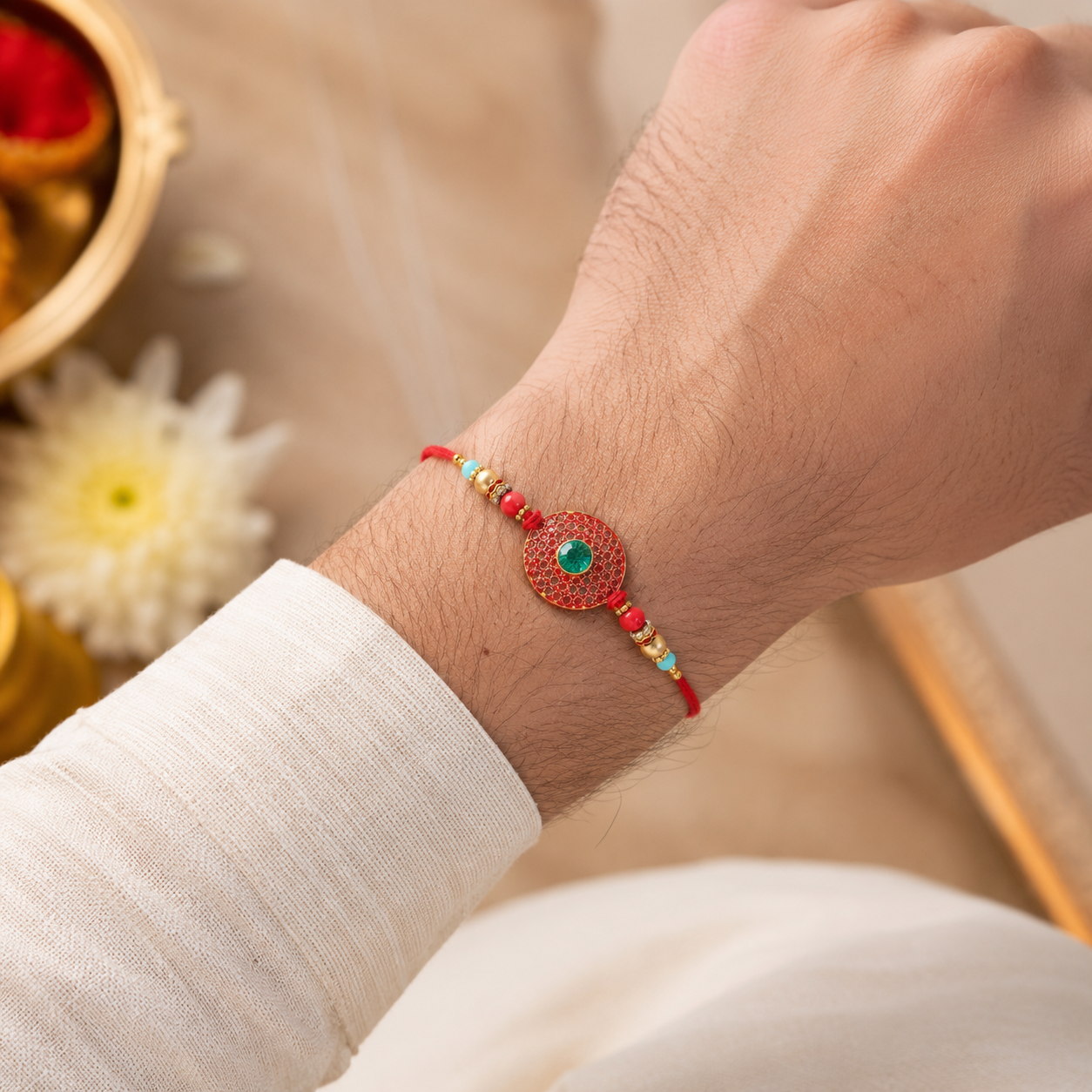 Elegant traditional Rakhi with turquoise red beads and eye-catching centerpiece