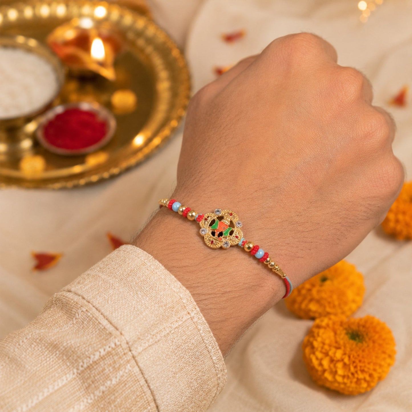 Side view of colorful kundan rakhi showcasing detailed thread and beads.