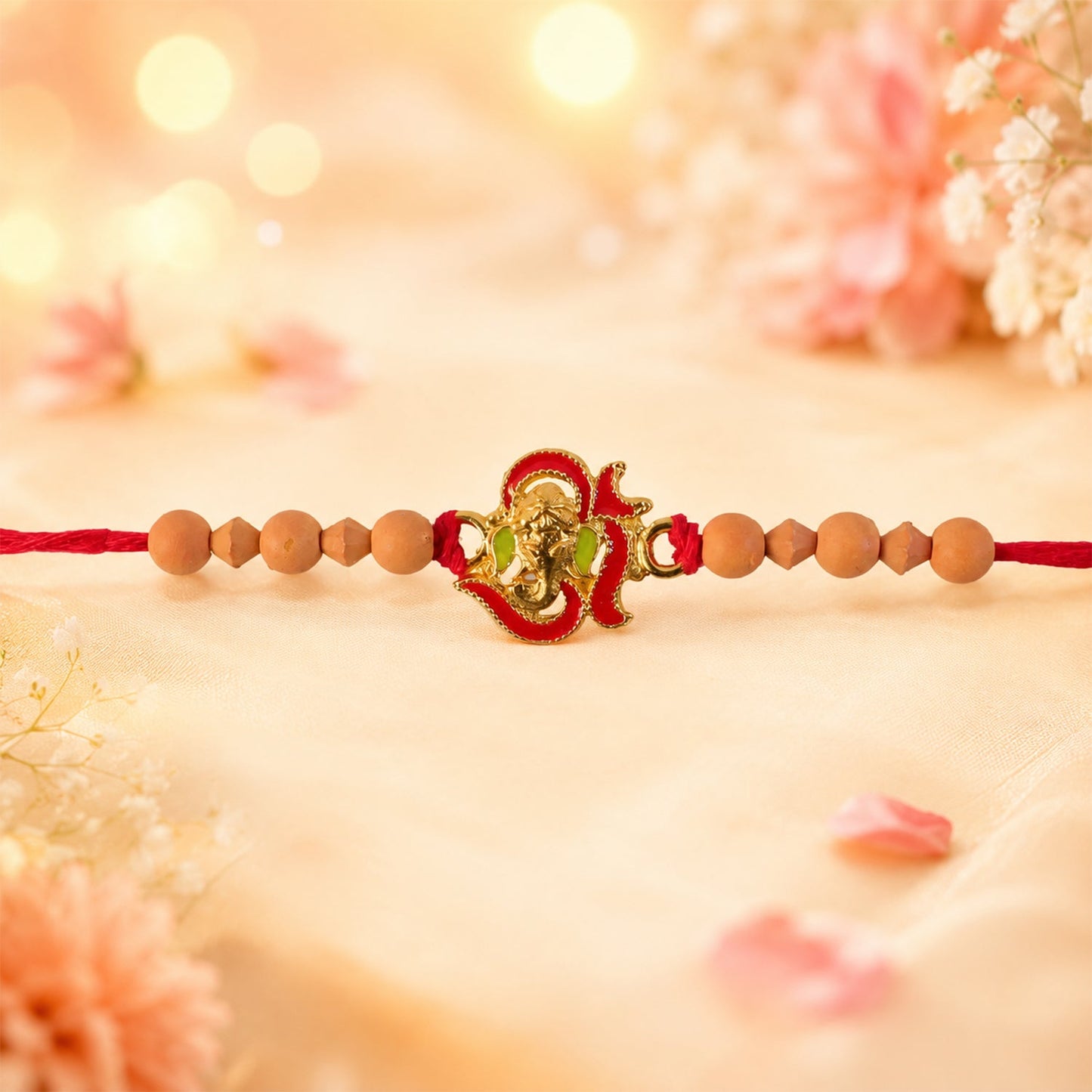 Sandalwood beads of the Ganesha Rakhi highlighted in detail.