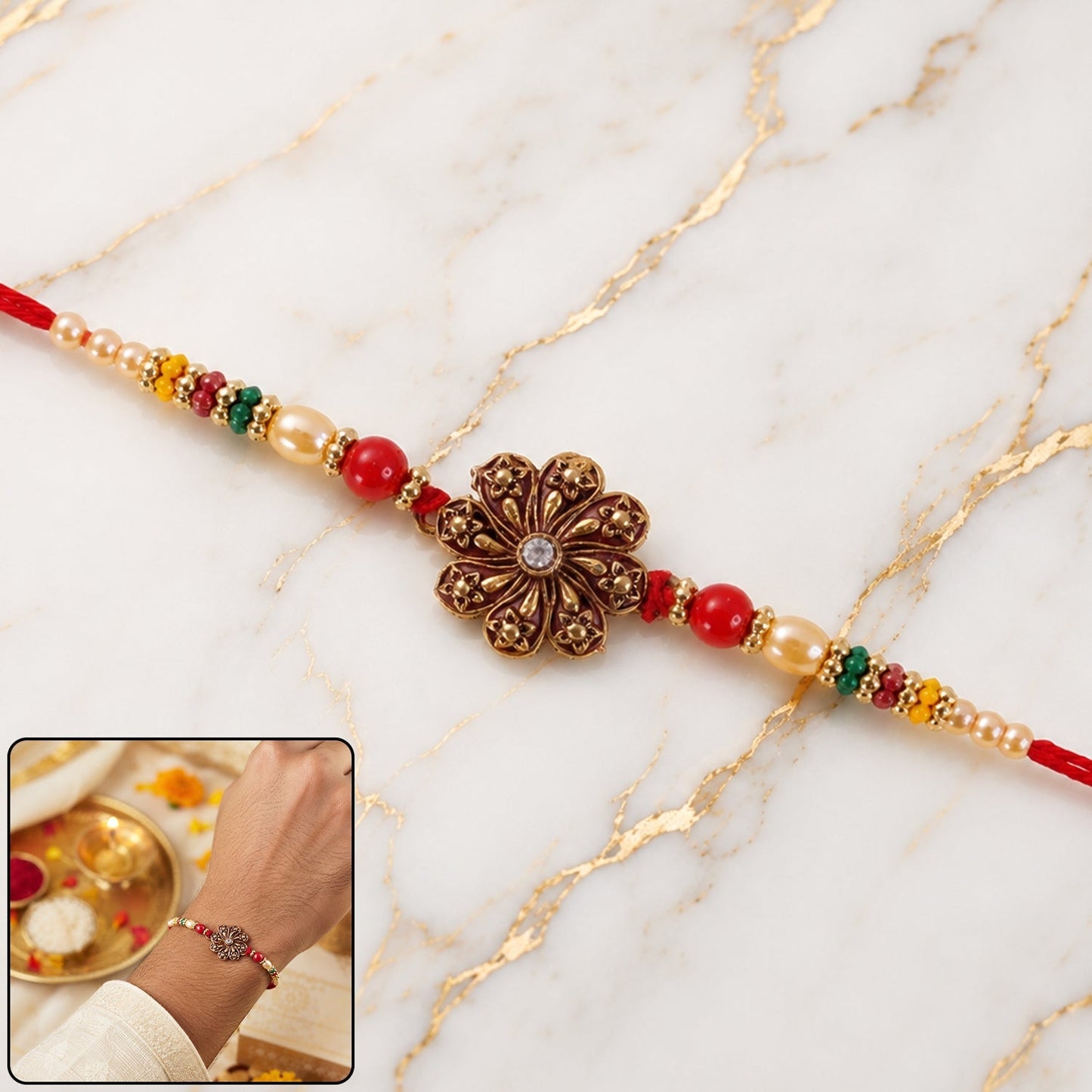Antique oxidised floral rakhi featuring multicolour beads and intricate design
