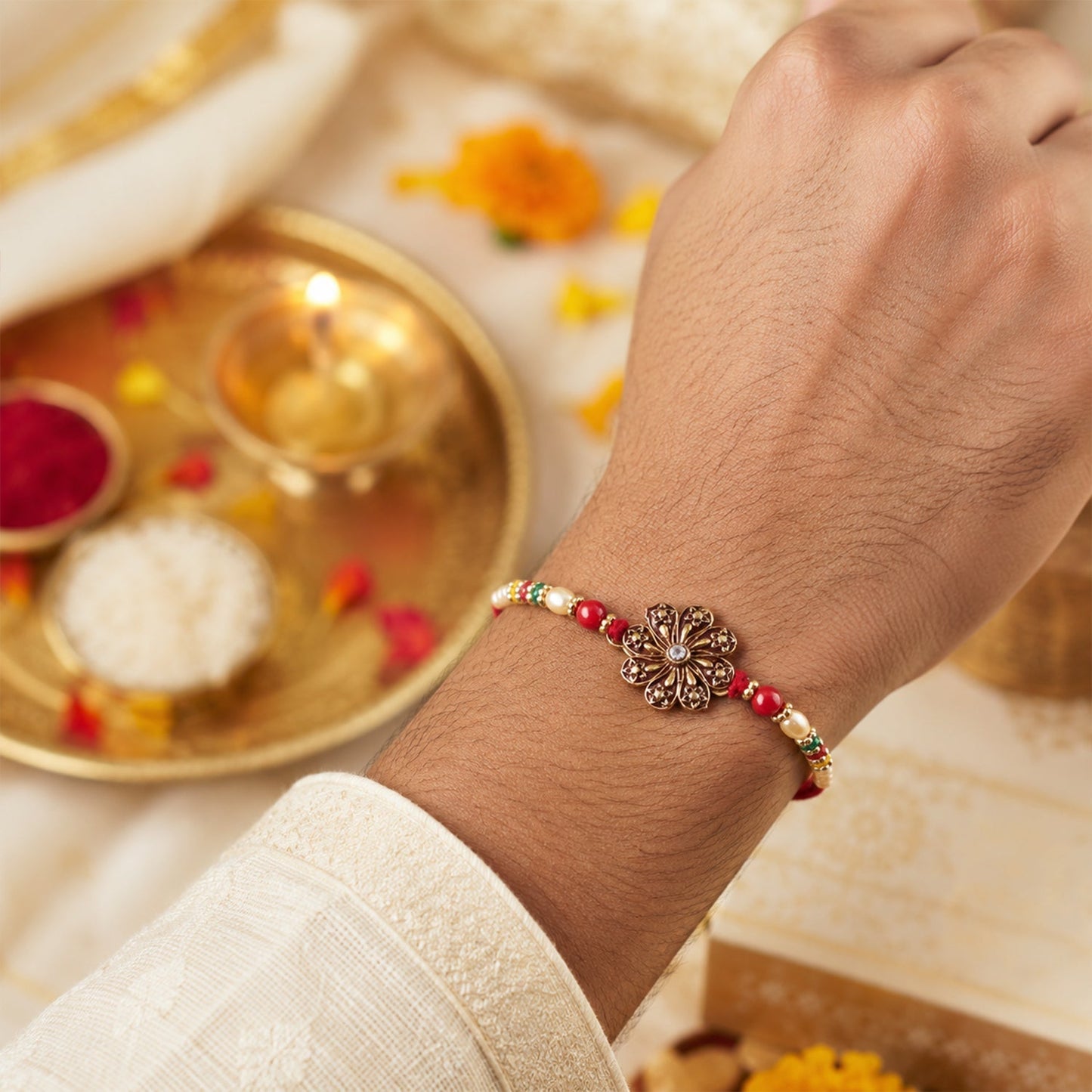 Close-up of the floral design and multicolour beads on the rakhi