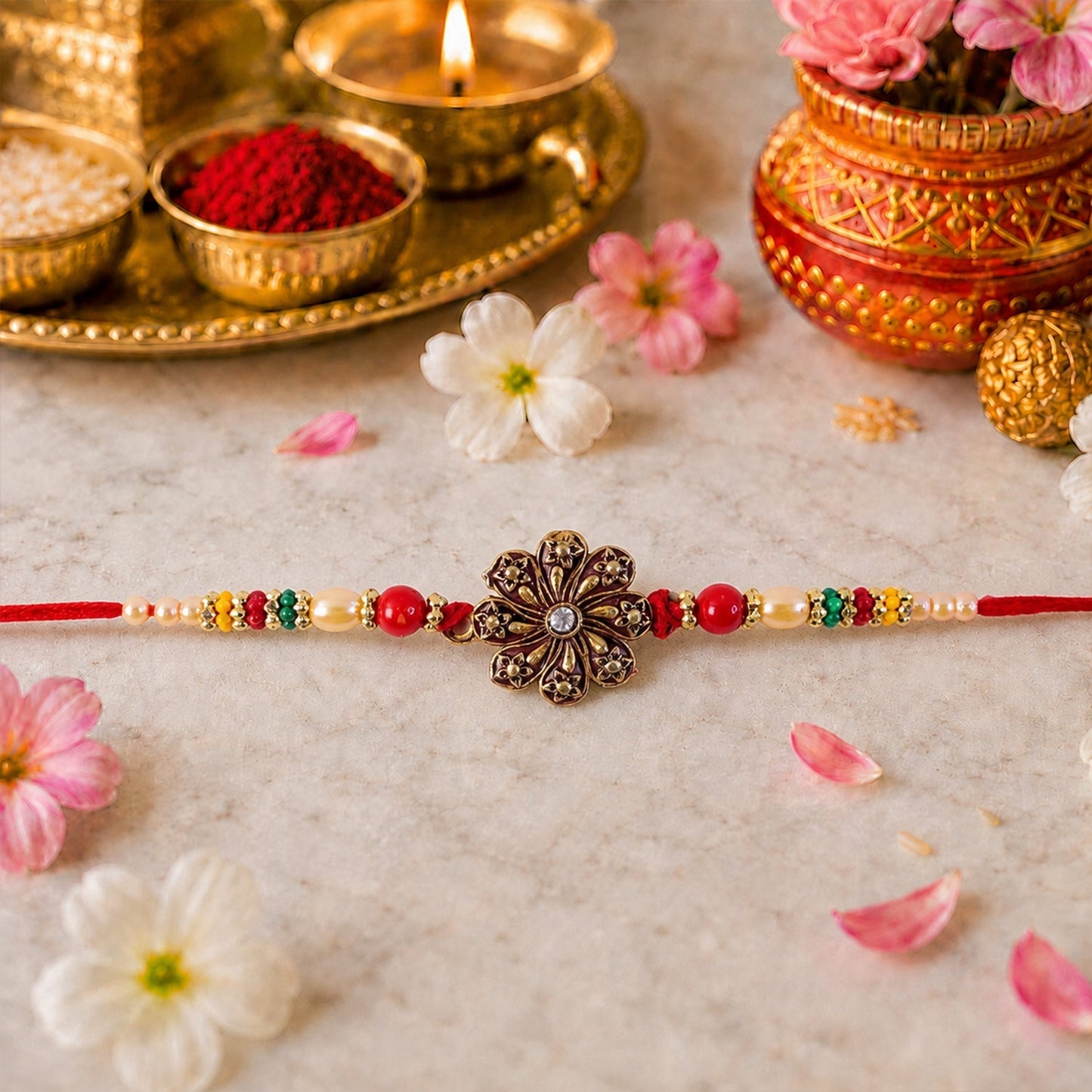 Back view of oxidised floral rakhi highlighting thread detailing