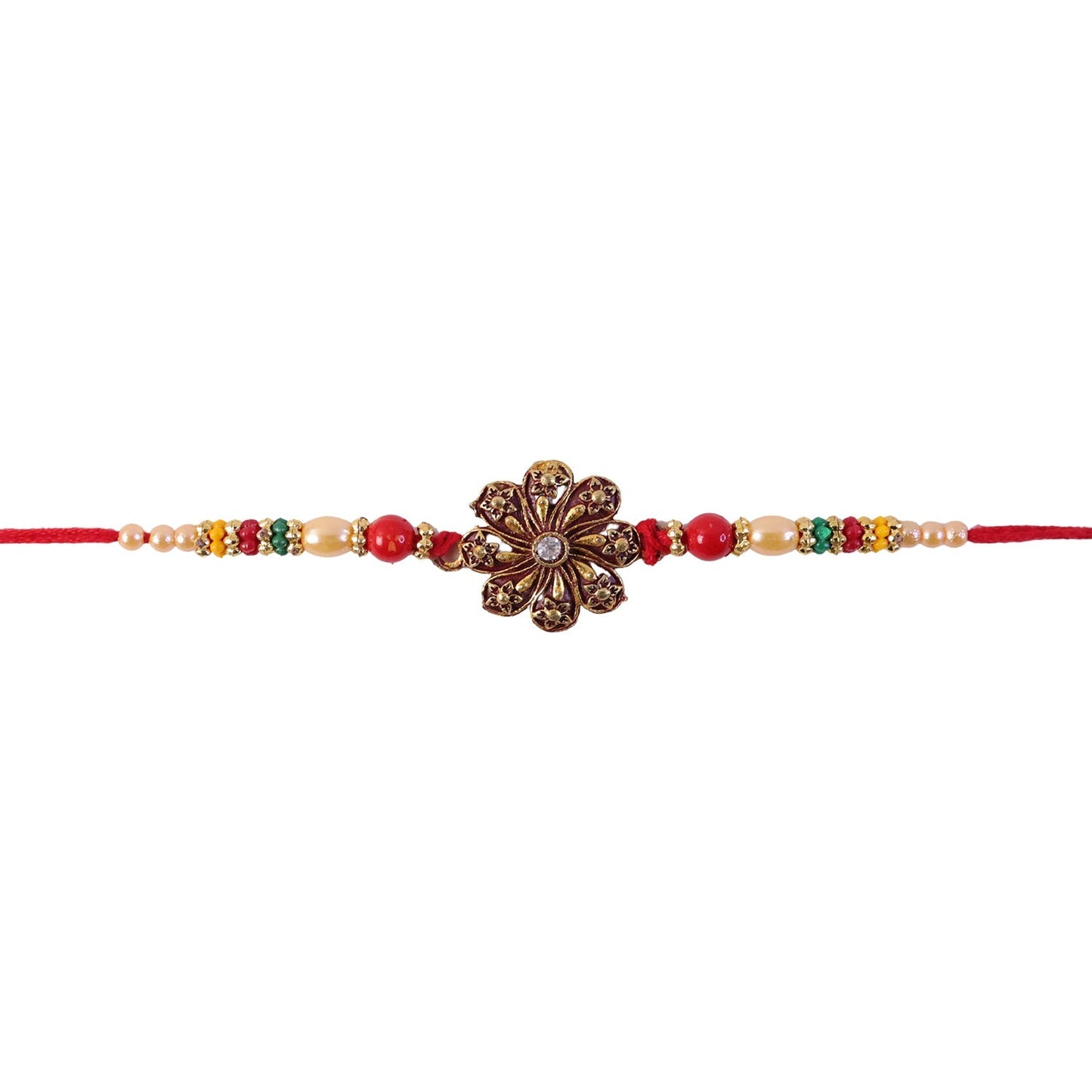 Overhead view of oxidised floral rakhi with multicolour beads