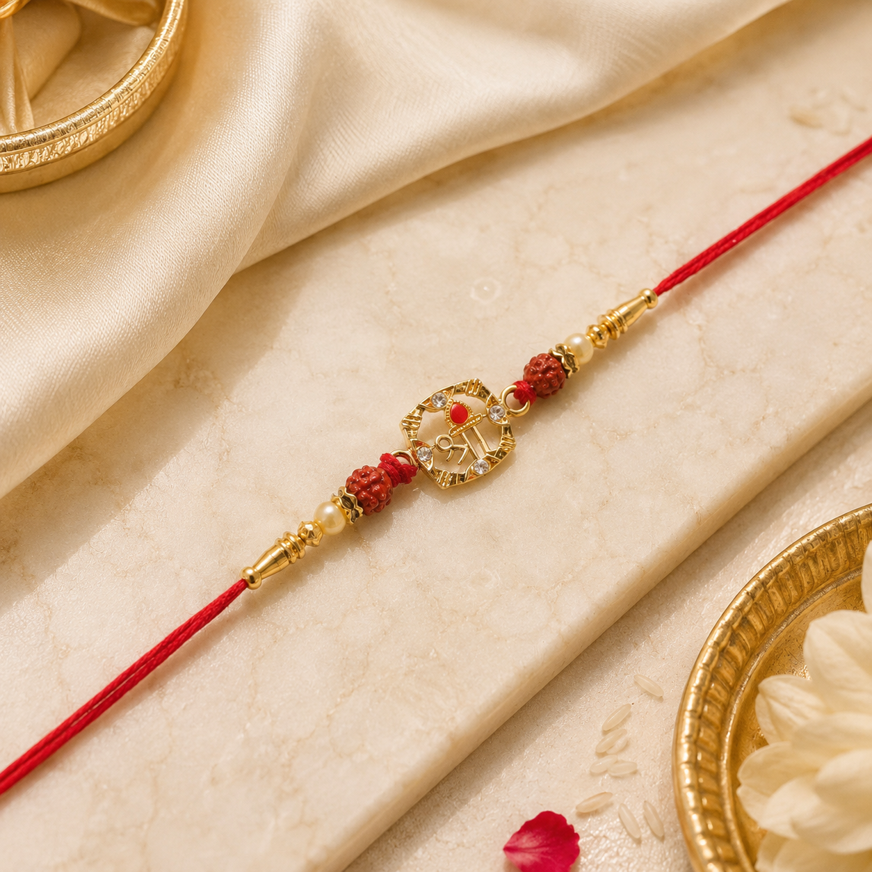 Top-down view of Rudraksha Rakhi with thread