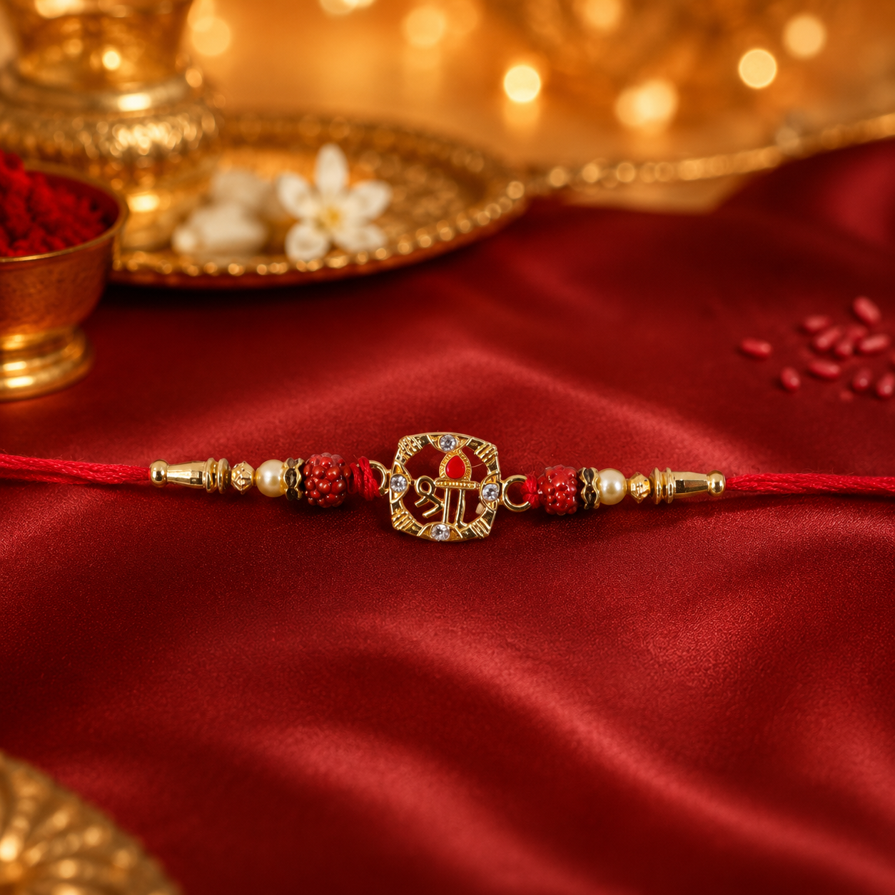 Close-up of Rudraksha Rakhi showing golden floral ring & beads