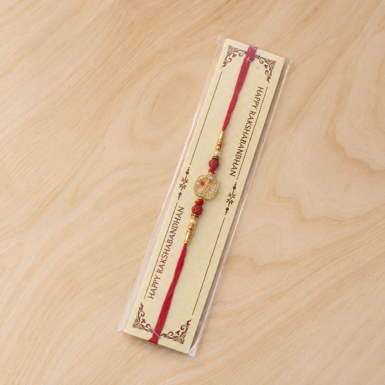 Rudraksha Rakhi displayed in a gift box or presentation