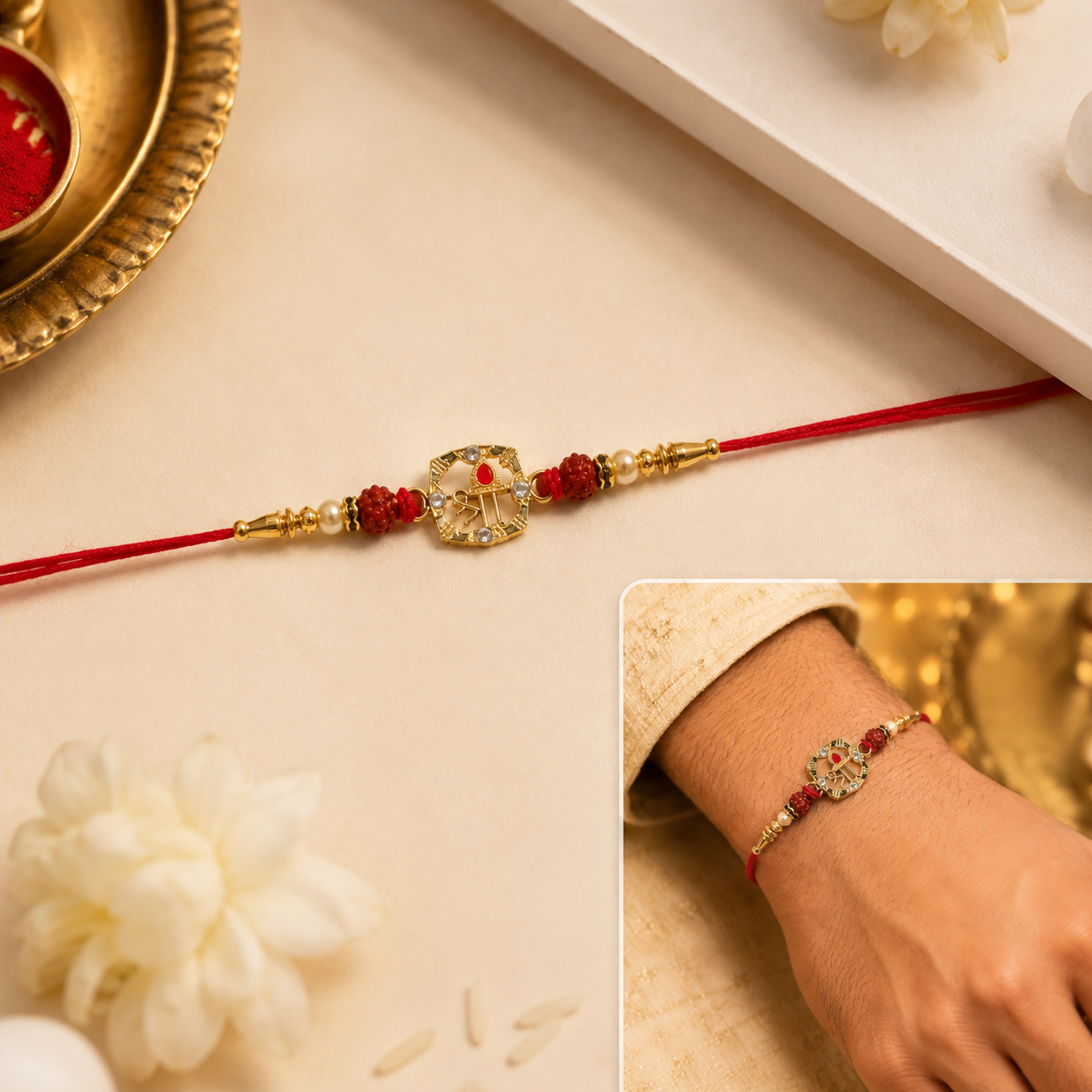 Rudraksha Rakhi with golden floral ring centerpiece on white background