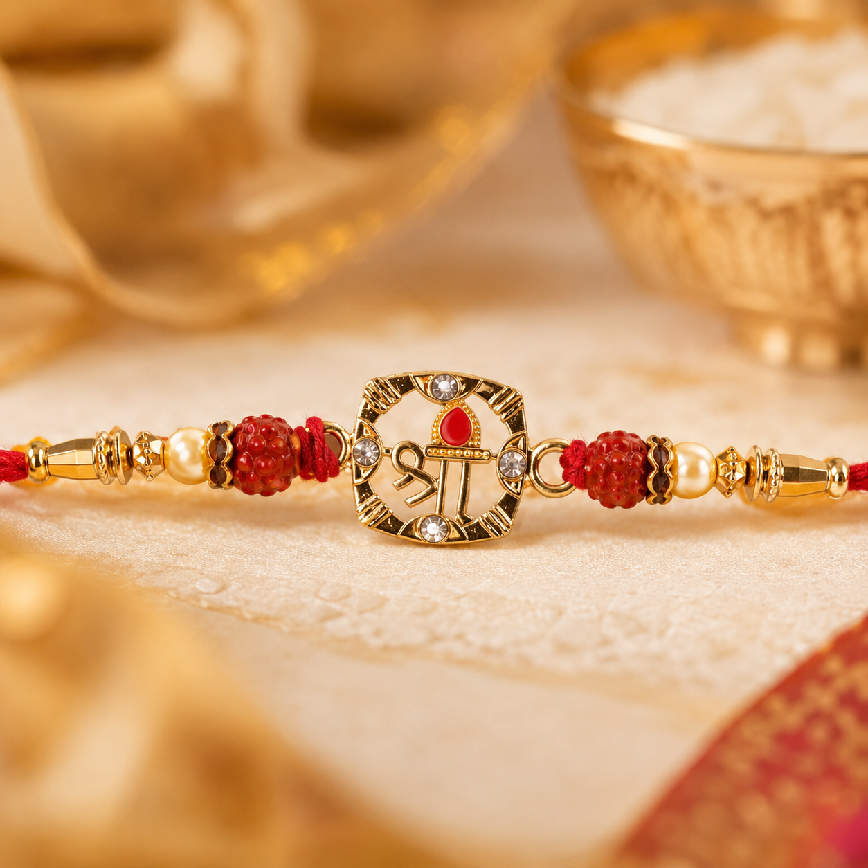 Angled view of Rudraksha Rakhi with golden floral details