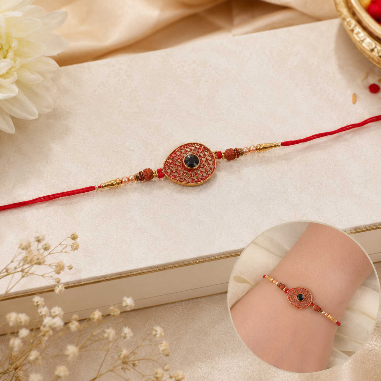 Elegant festive Rakhi in vibrant color with traditional design