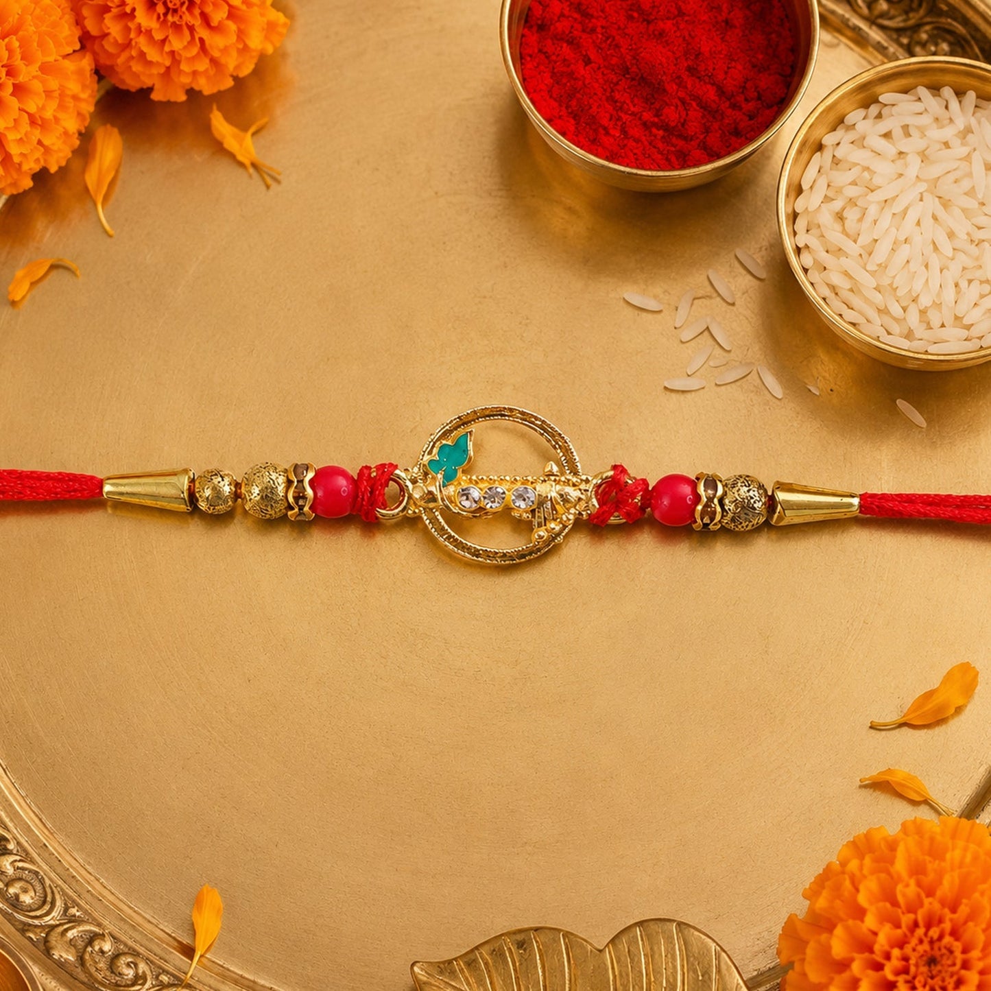 Elegant rakhi with peacock motif and festive beads, ideal for raksha bandhan