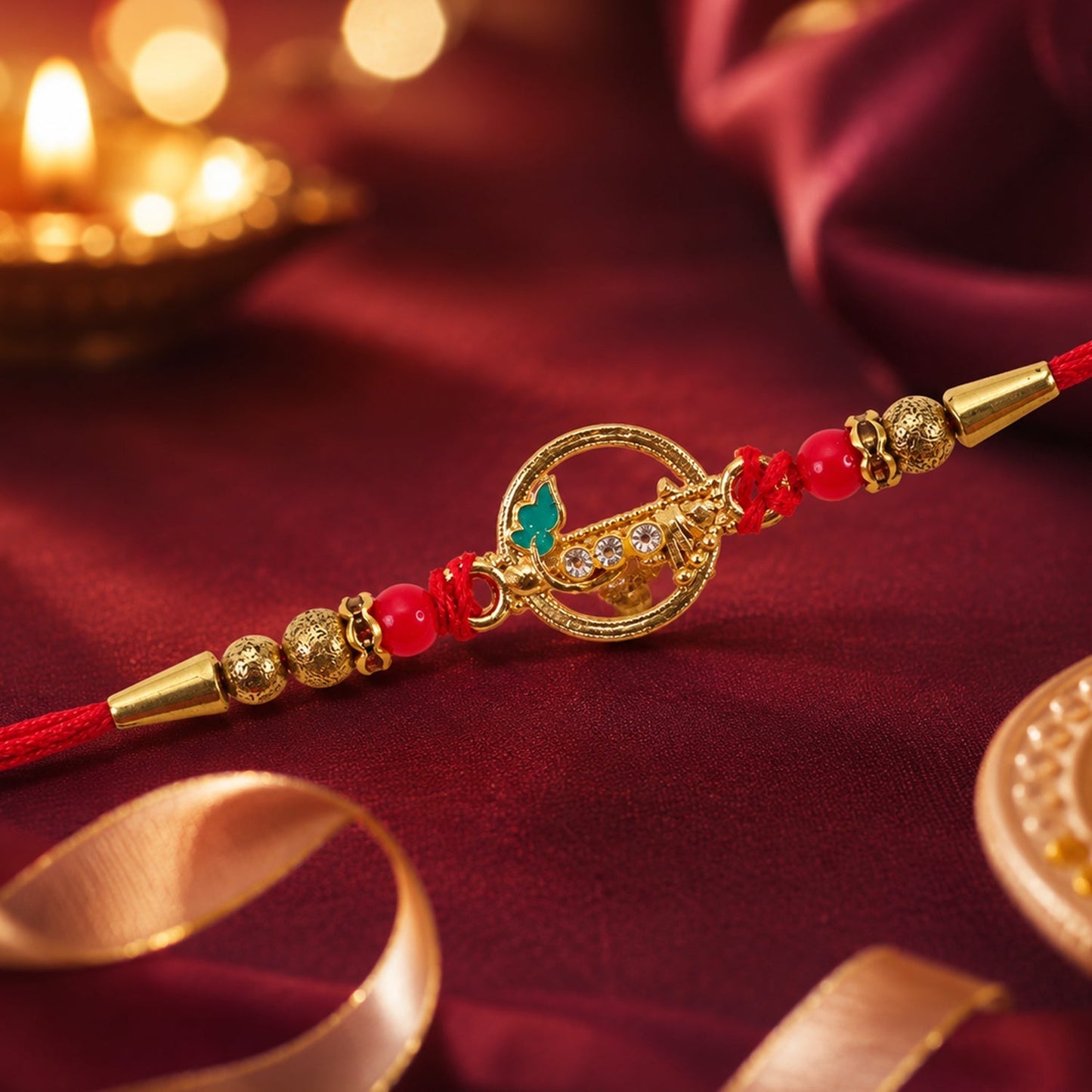 Neat finish traditional rakhi with vibrant red beads and kundan element