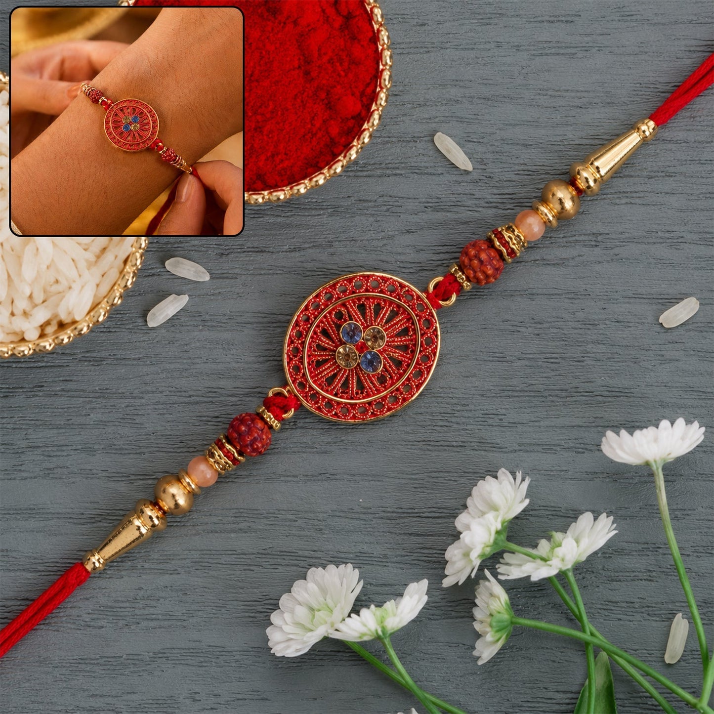 Beautiful traditional Rakhi with decorative beads and fancy design for brother