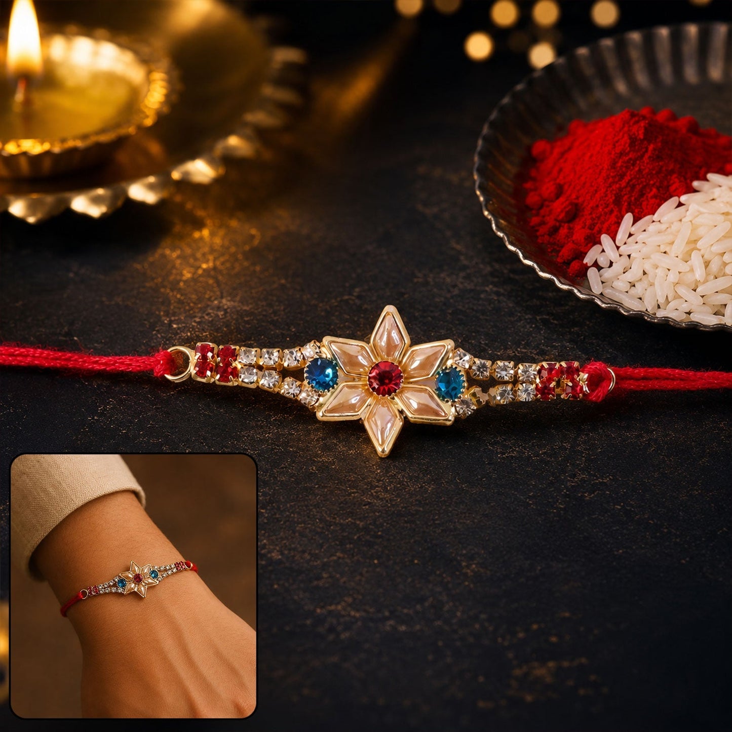 Decorative star-shaped kundan and pearl rakhi for brother on Raksha Bandhan
