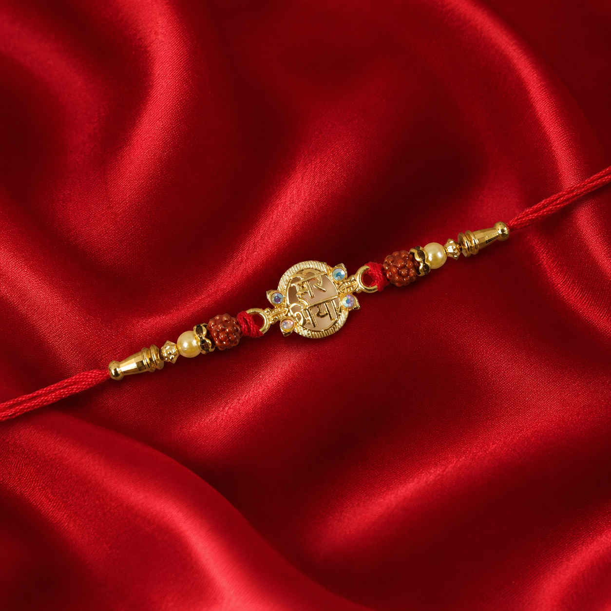 Close-up of the secure knot and neat finishing of the Rudraksha Rakhi.