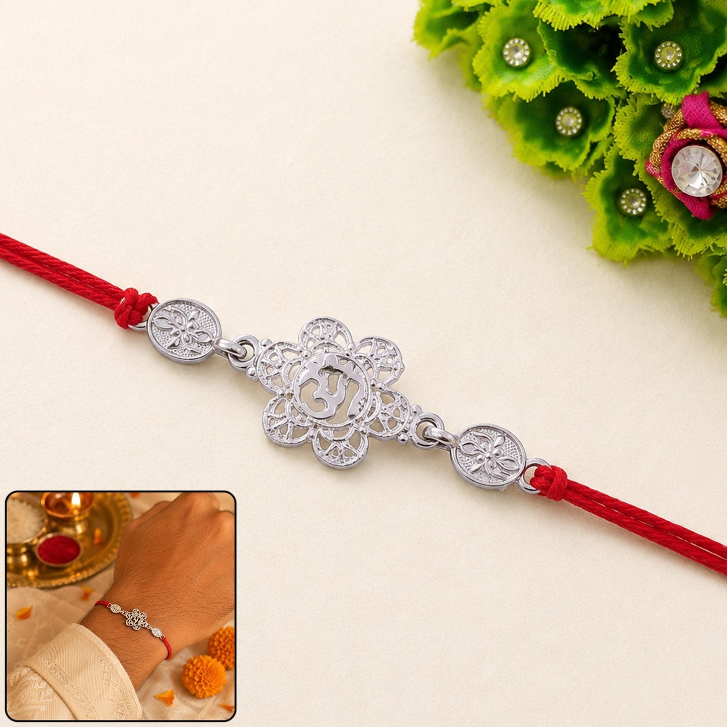 Beautiful floral coin accents Rakhi with decorative beads for brother