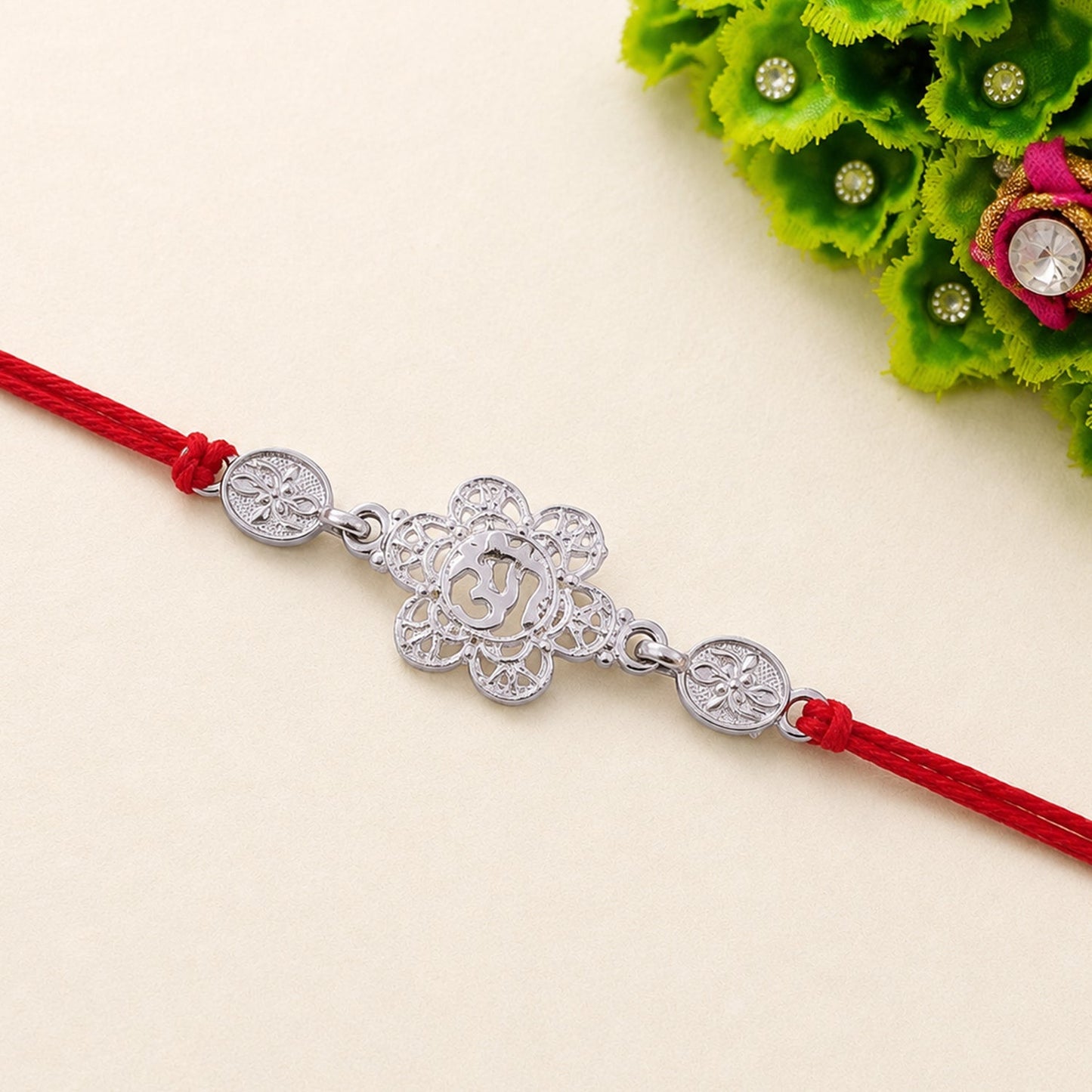 Close-up of intricate decorative beads on festive Rakhi for Raksha Bandhan