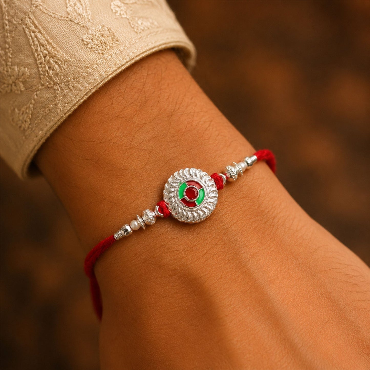Decorative pearl and meenakari work on traditional Rakhi, perfect for brothers