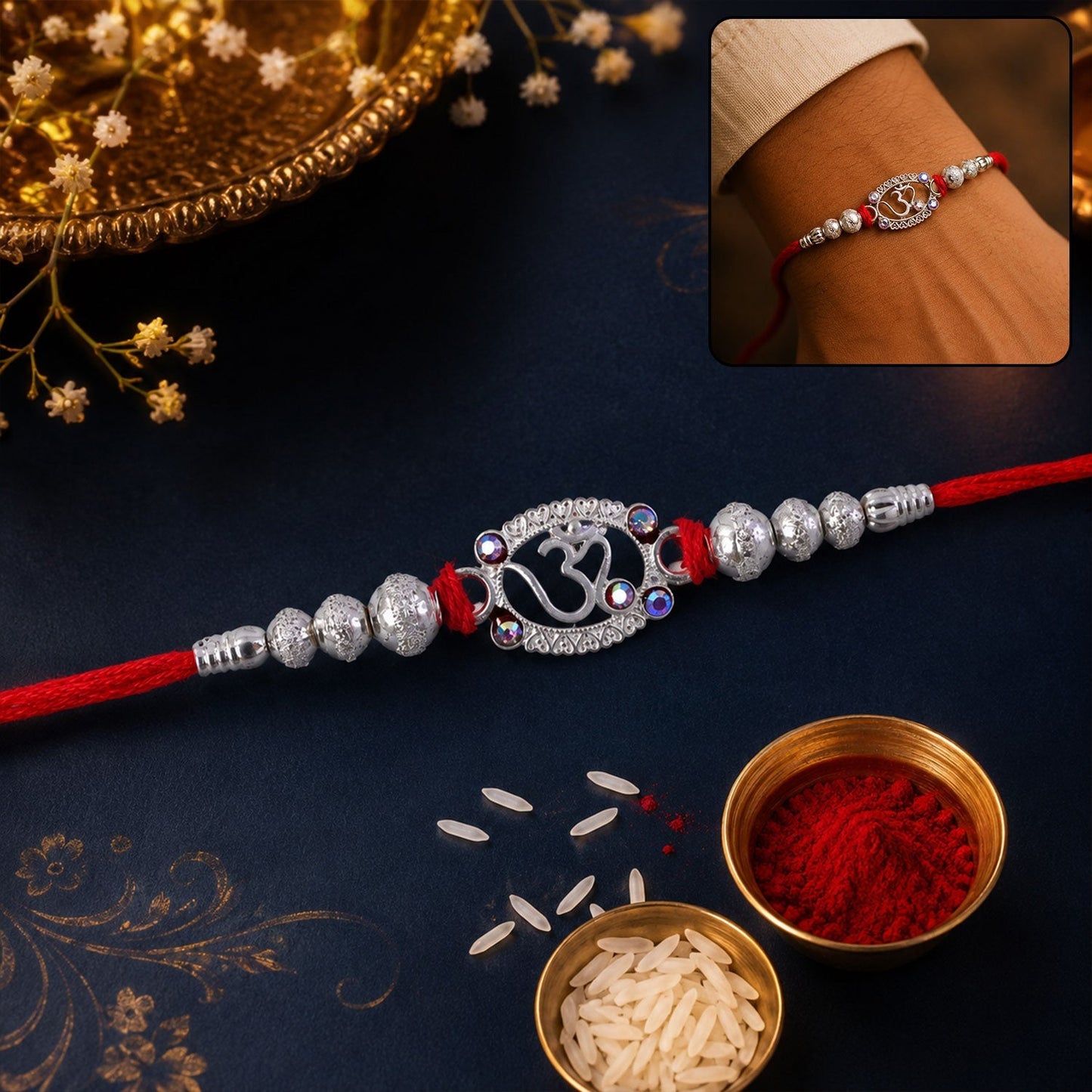 Elegant Oxidised Silver Om Rakhi with stylish beaded detailing