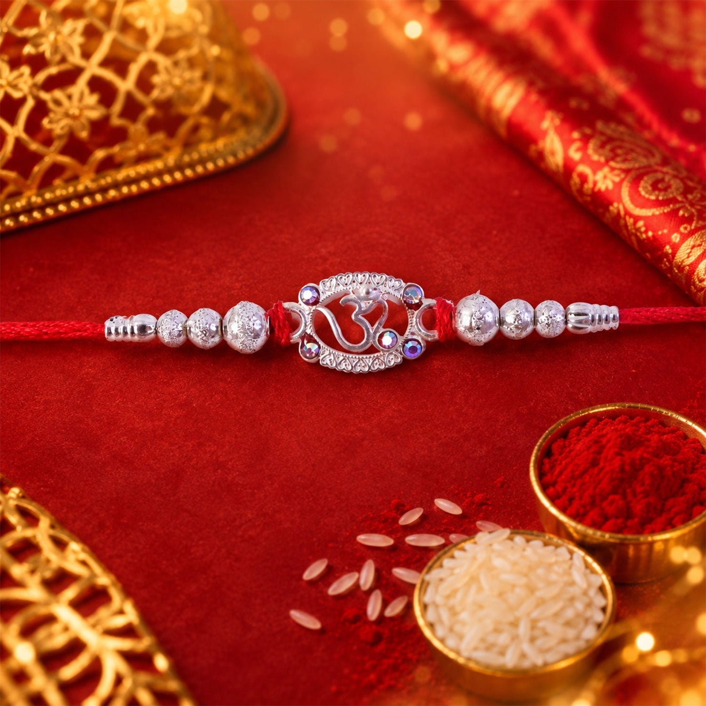 Festive Oxidised Silver Om Rakhi with detailed finishing