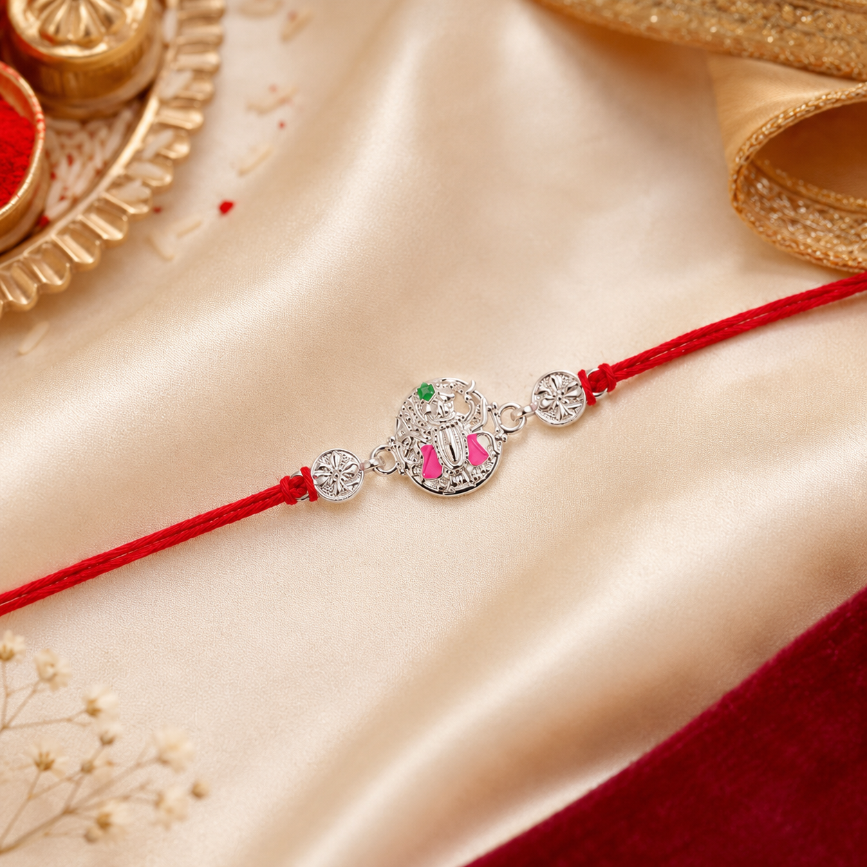 Festive rakhi with floral meenakari art and decorated beads