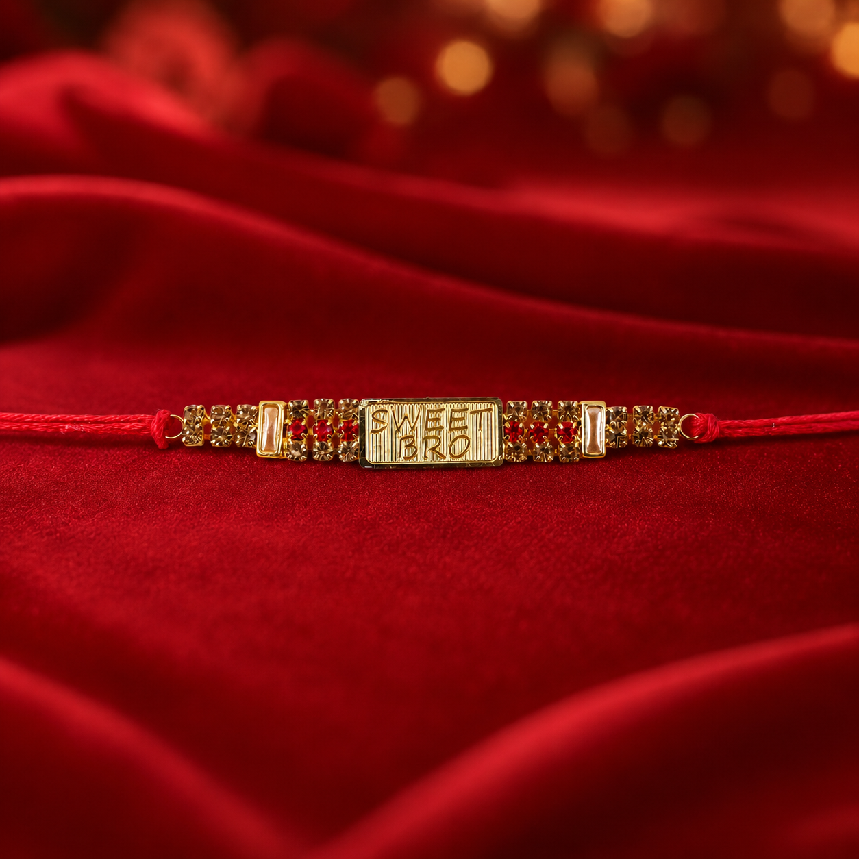 'Sweet Bro' Rakhi on white background, front view