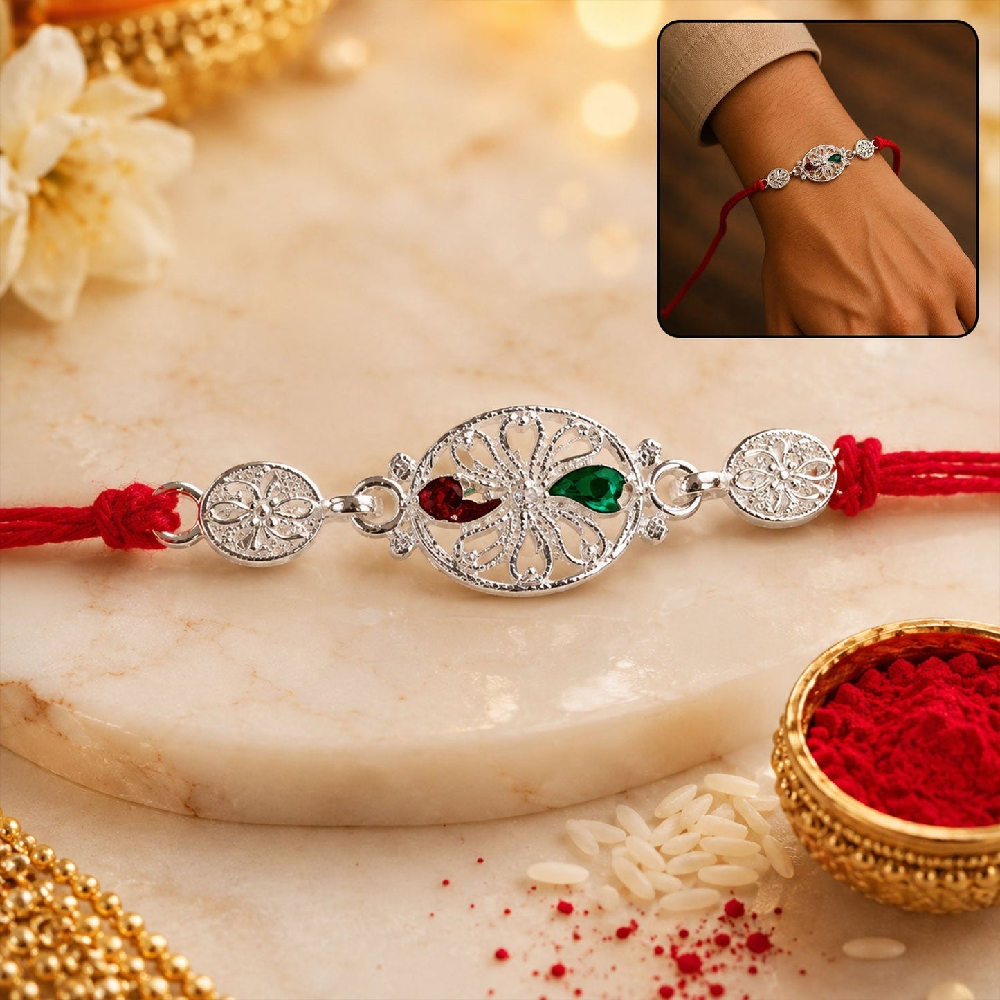 Silver Filigree Rakhi with red & green teardrop stones showcasing traditional craftsmanship