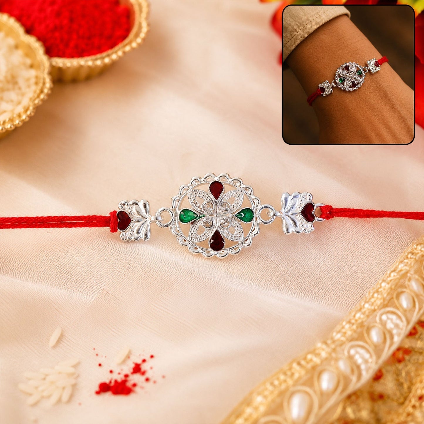 Elegant silver floral rakhi with beads for Raksha Bandhan