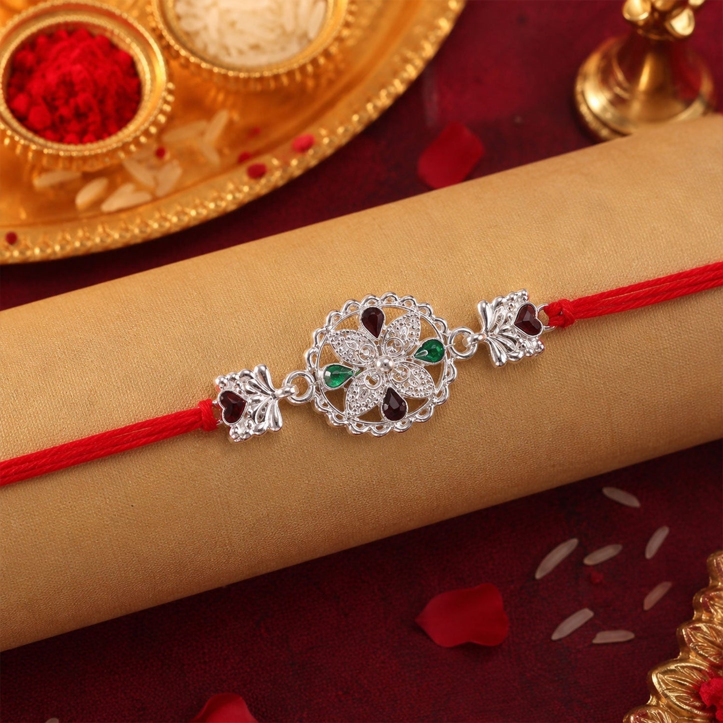 Stylish Silver Floral Rakhi with stylish detailing for brother