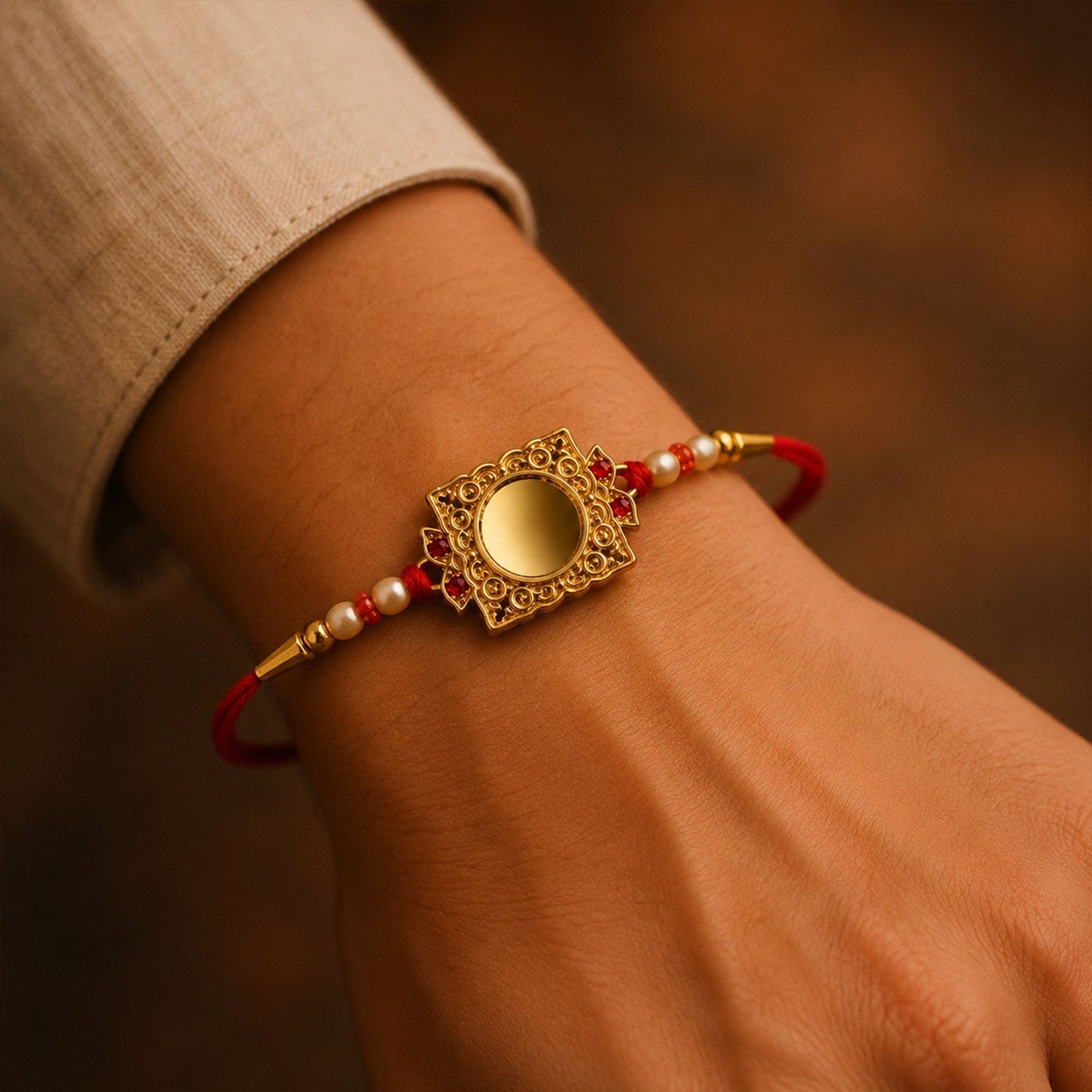 Elegant Golden Pearls Rakhi with traditional design and bead accents