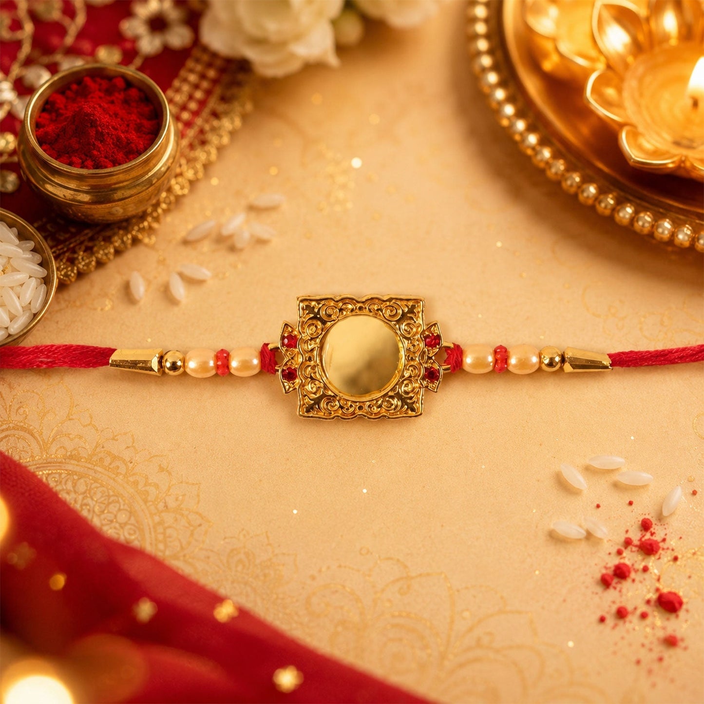 Neatly finished Golden Pearls Rakhi with lightweight thread